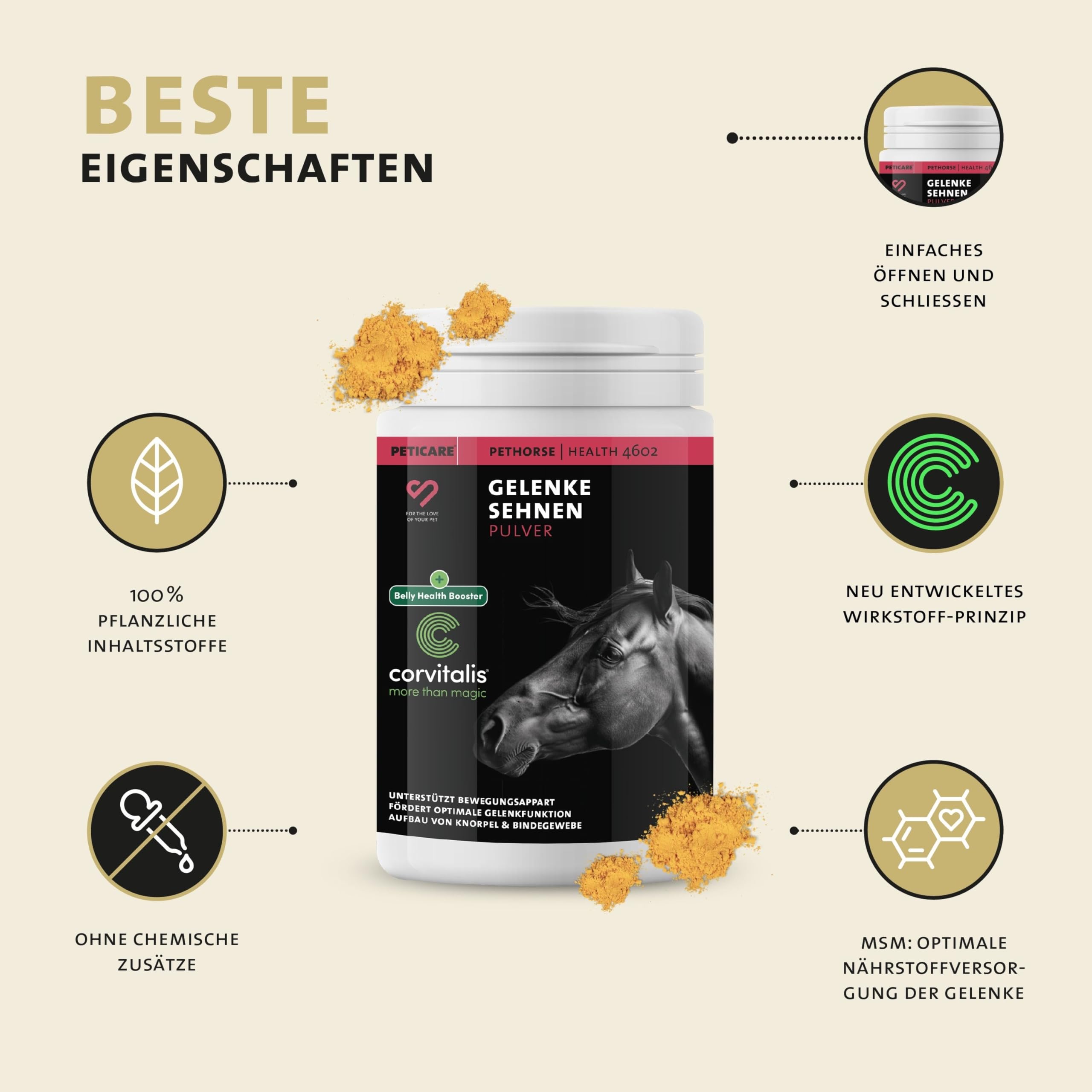 Peticare Gelenk-Kur Pulver für Pferde | Unterstützt Gelenke & Sehnen, Knorpel | Natürliche Inhaltsstoffe für alle Altersgruppen & Ponys | Mit MSM & Grünlippmuschel | petHorse Health 4602