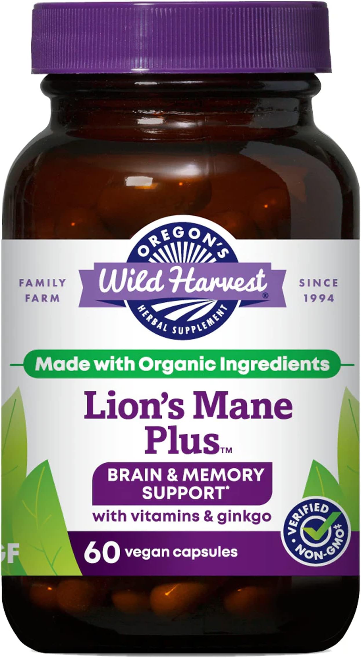 Oregon's Wild Harvest Lion's Mane Plus Brain & Memory Support with Vitamins & Ginkgo, Organic, 60 Count