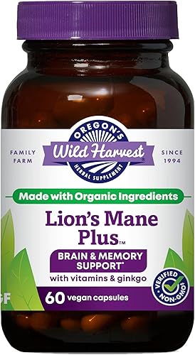 Oregon's Wild Harvest Lion's Mane Plus - Soporte para el cerebro y la memoria con vitaminas y ginkgo, orgánico, 60 unidades