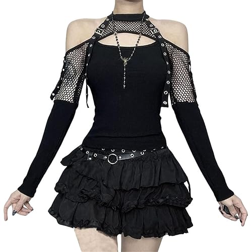 Allpunkall Punk Rock Top T Shirt Women Goth Fishnet Mesh Mock Neck Long Sleeve Cold Shoulder - Small
