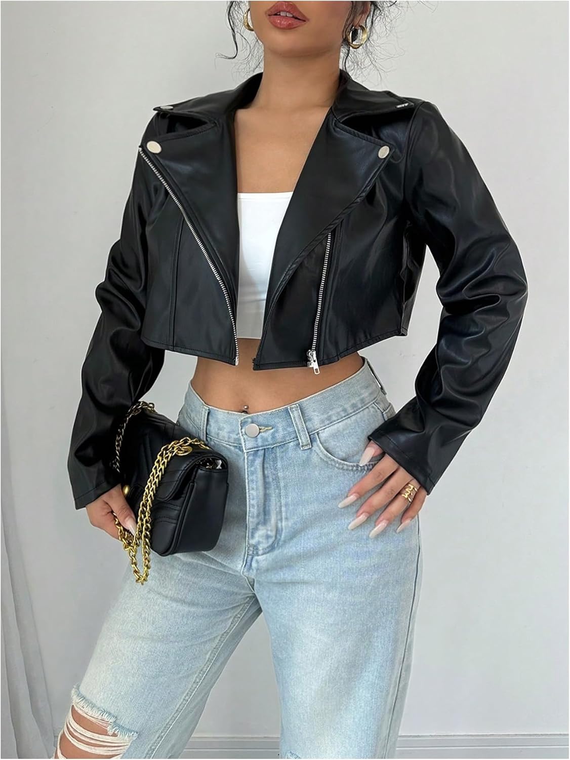 Floerns Women's Y2k PU Leather Jacket Motorcycle Long Sleeve Rave Cropped Outerwear Coat - Image 4