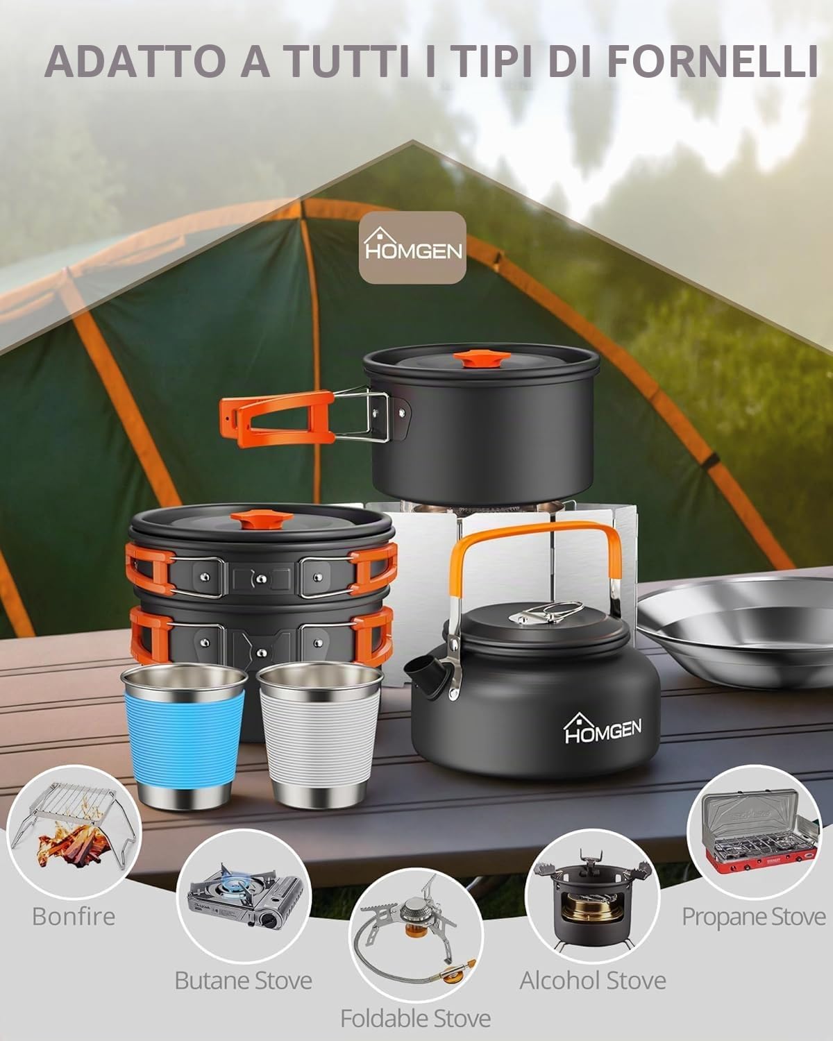 HOMGEN Set di 13 Pezzi Pentole da Campeggio con Padella Set da Cucina da Campeggio in Alluminio Kit di Pentole da Campeggi Portatile Kit di Cottura Leggero Attrezzatura da Cucina per Esterni