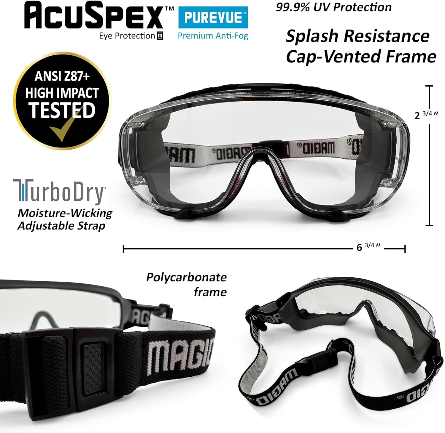MAGID AcuSpex Clear Low-Profile Safety Goggles,PureVue Premium Anti-Fog, CLX4080