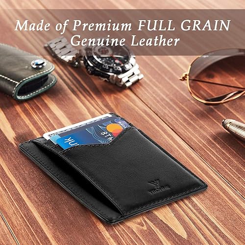 Miniatura 2 de YBONNE Cartera delgada con bolsillo frontal para hombres y mujeres, tarjetero con bloqueo RFID, hecha de cuero genuino de la más fina, Negro -,