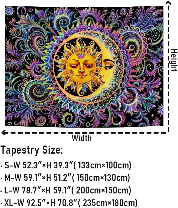 Galoker Blacklight Sun and Moon Tapestry Psychedelic Mystic Floral Tapestry UV Reactive Neon Flower Plant Wall Tapestries Starry Night Sky Tapestries Wall Hanging for Home Decor(59.1"x78.7")