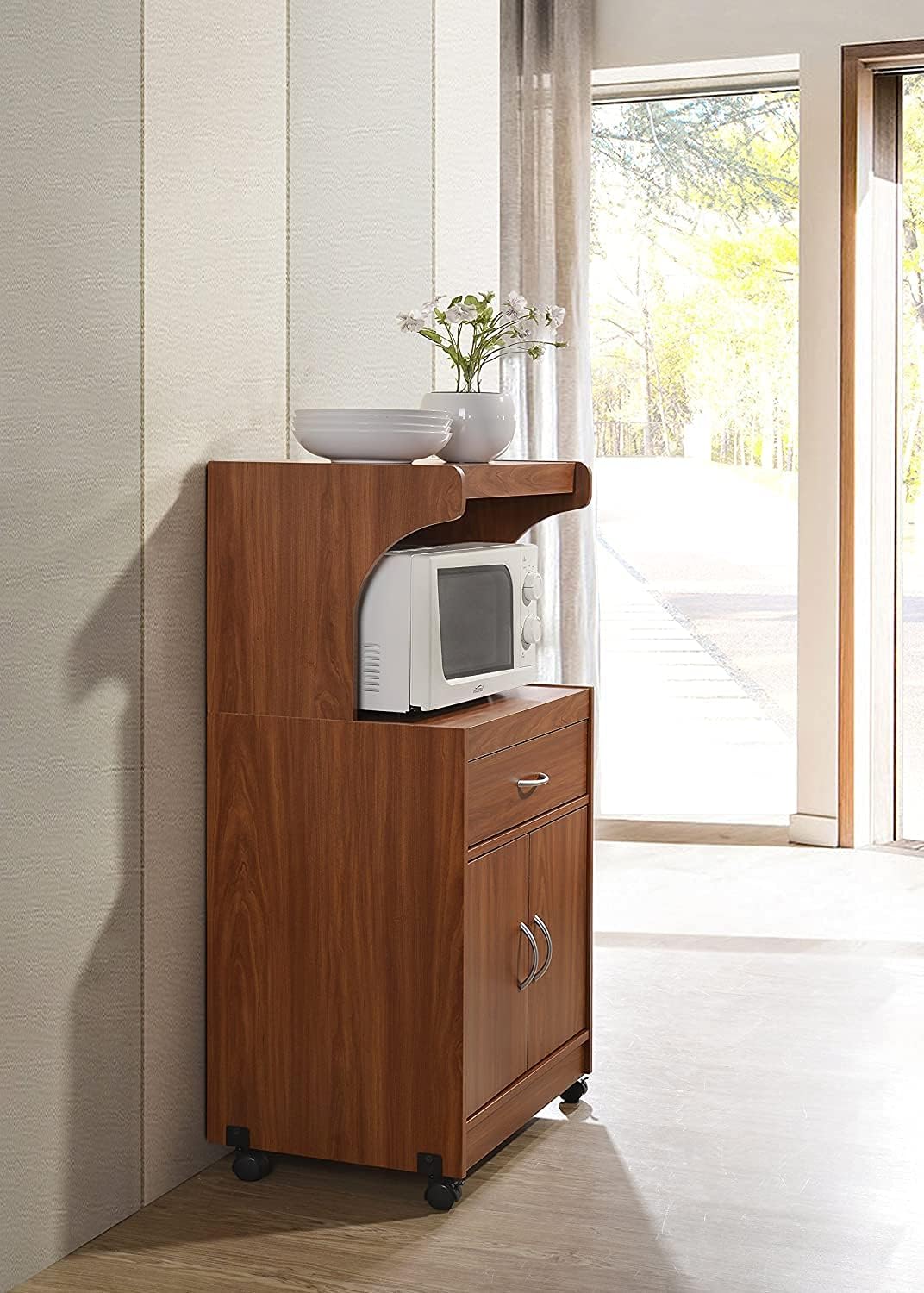 Hodedah Microwave Kitchen Cart, Cherry - Kitchen Islands & Carts