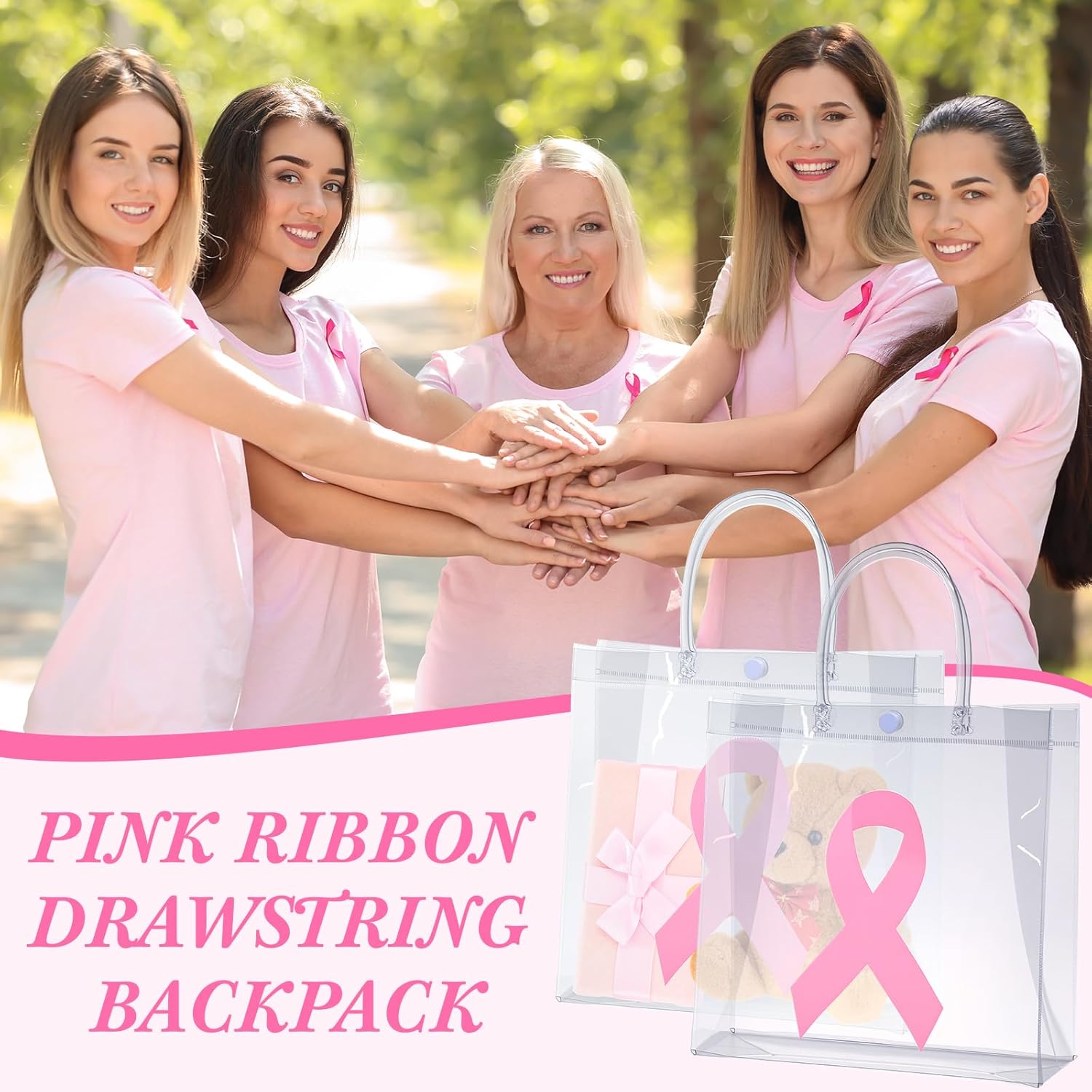 Gaillty 24 Pcs Pink Ribbon Breast Cancer Awareness Clear Gift Bags with Handles Clear Plastic Goodie Bags PVC Transparent Reusable Treat Handbags for Holiday Party Storage Organizer - Image 6