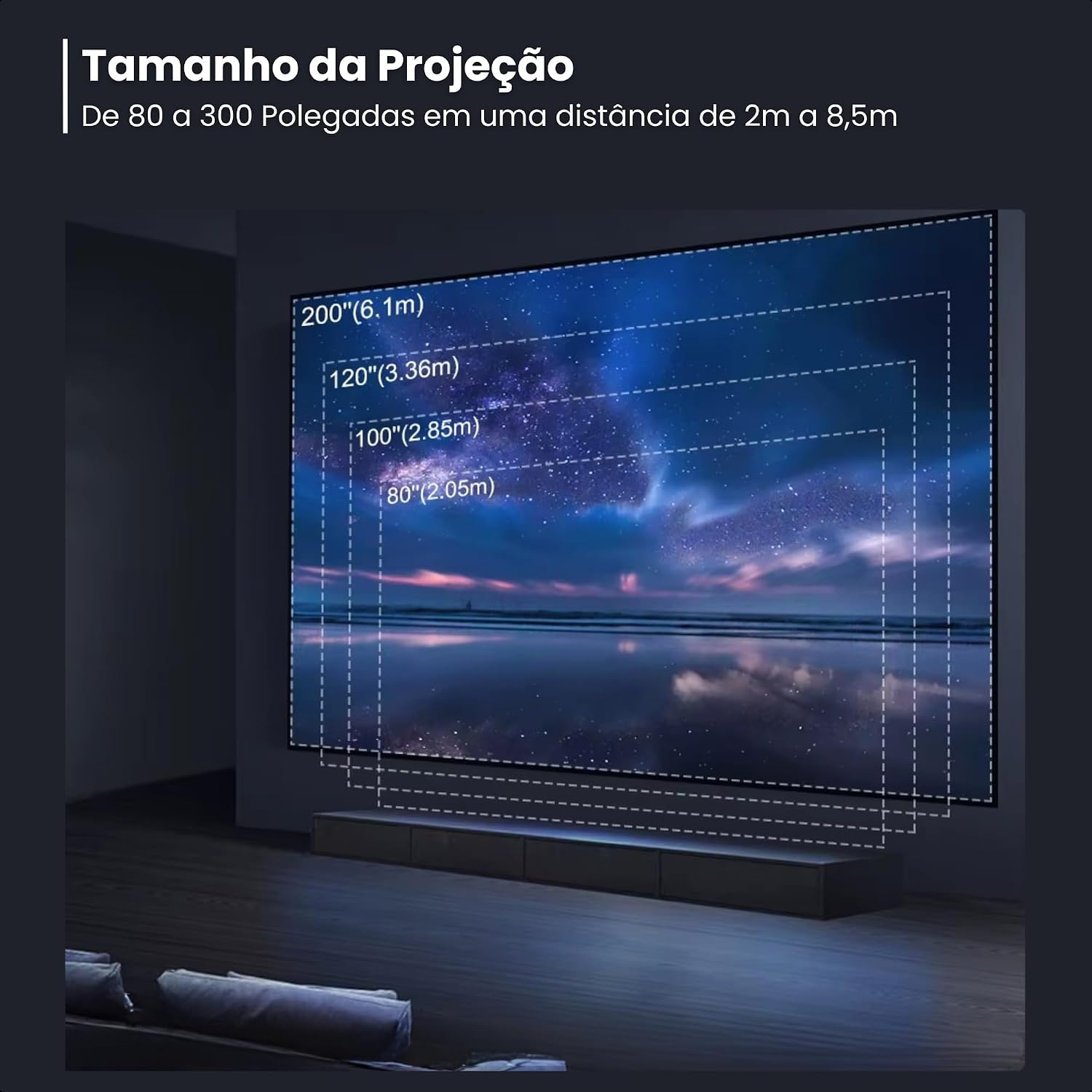 Touyinger Q12W Pro Projector showing various projection sizes at different distances
