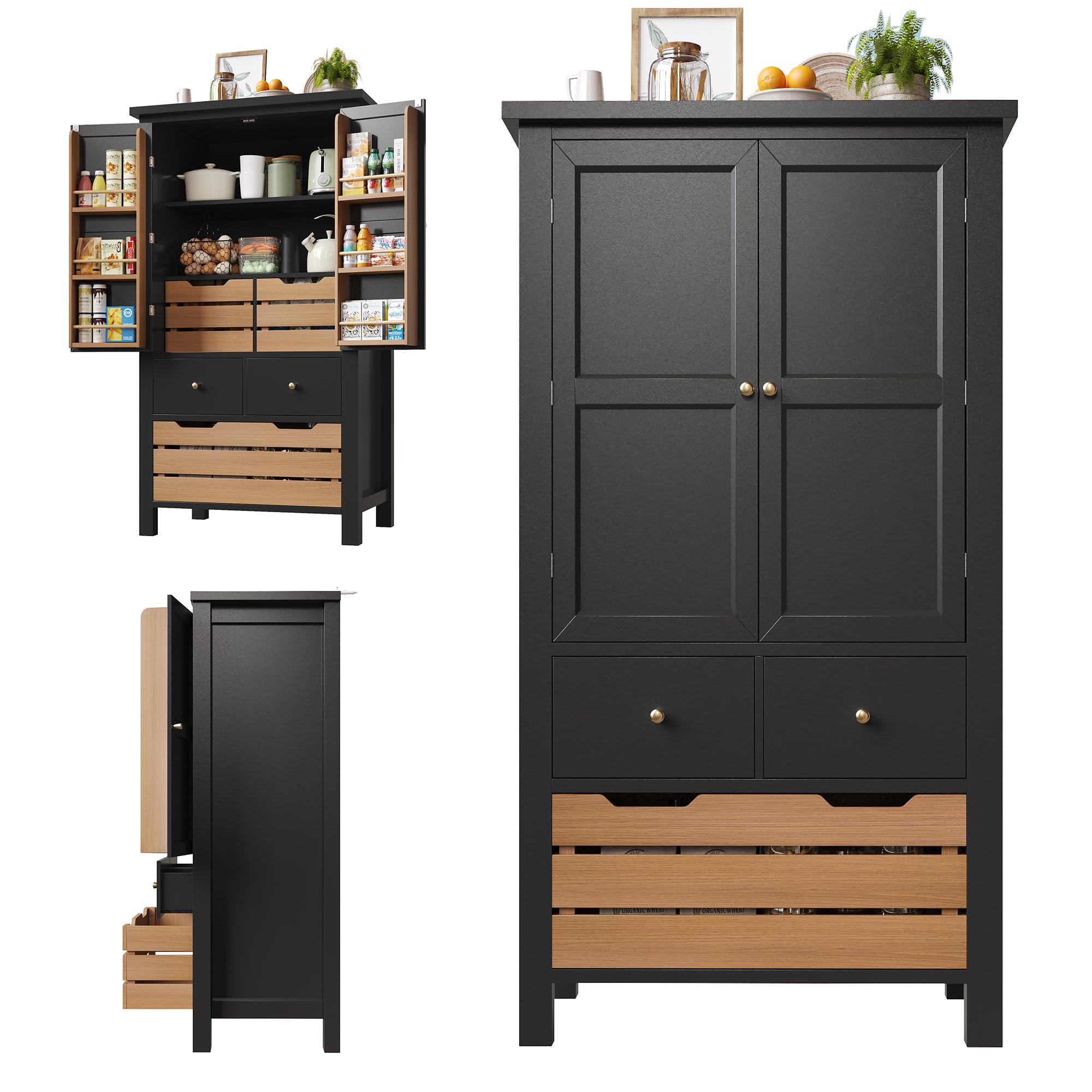 Kebnor Mobiletto da Cucina (80x40x140cm), credenza da cucina alta, credenza multiuso, mobiletto per snack, mobile di stoccaggio con due ante e cinque cassetti (nero)