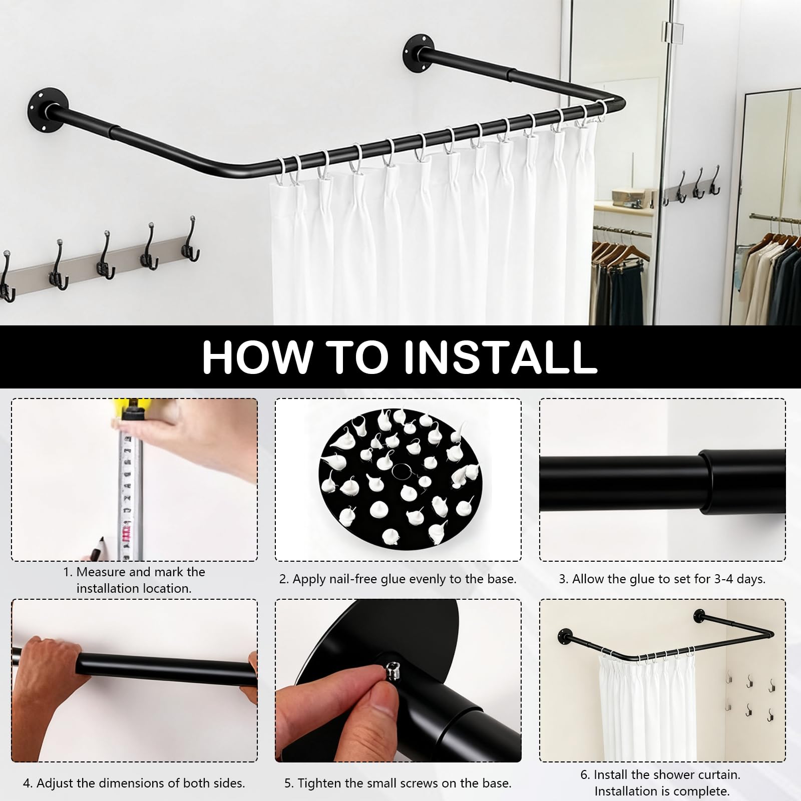 Barra De Ducha, Forma De U Barra De Ducha Ajustable Para Cortina De Duchas 70-95 Cm Barras De Duchas Para BañEra Sin Taladro Soporte Negro Para Cortina De Ducha Montaje En Techo