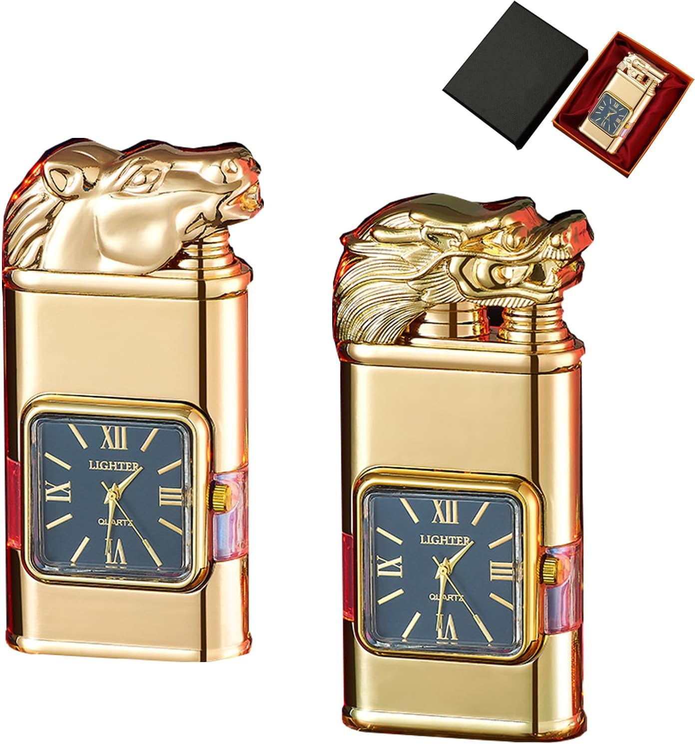 Windproof Dual-Flame Vintage Watch Lighter, Windproof Vintage Lighter, Eagle Torch Lighters, Unique Animal Style, Refillable Butane, Adjustable Flame (Black,Dragon+Horse)