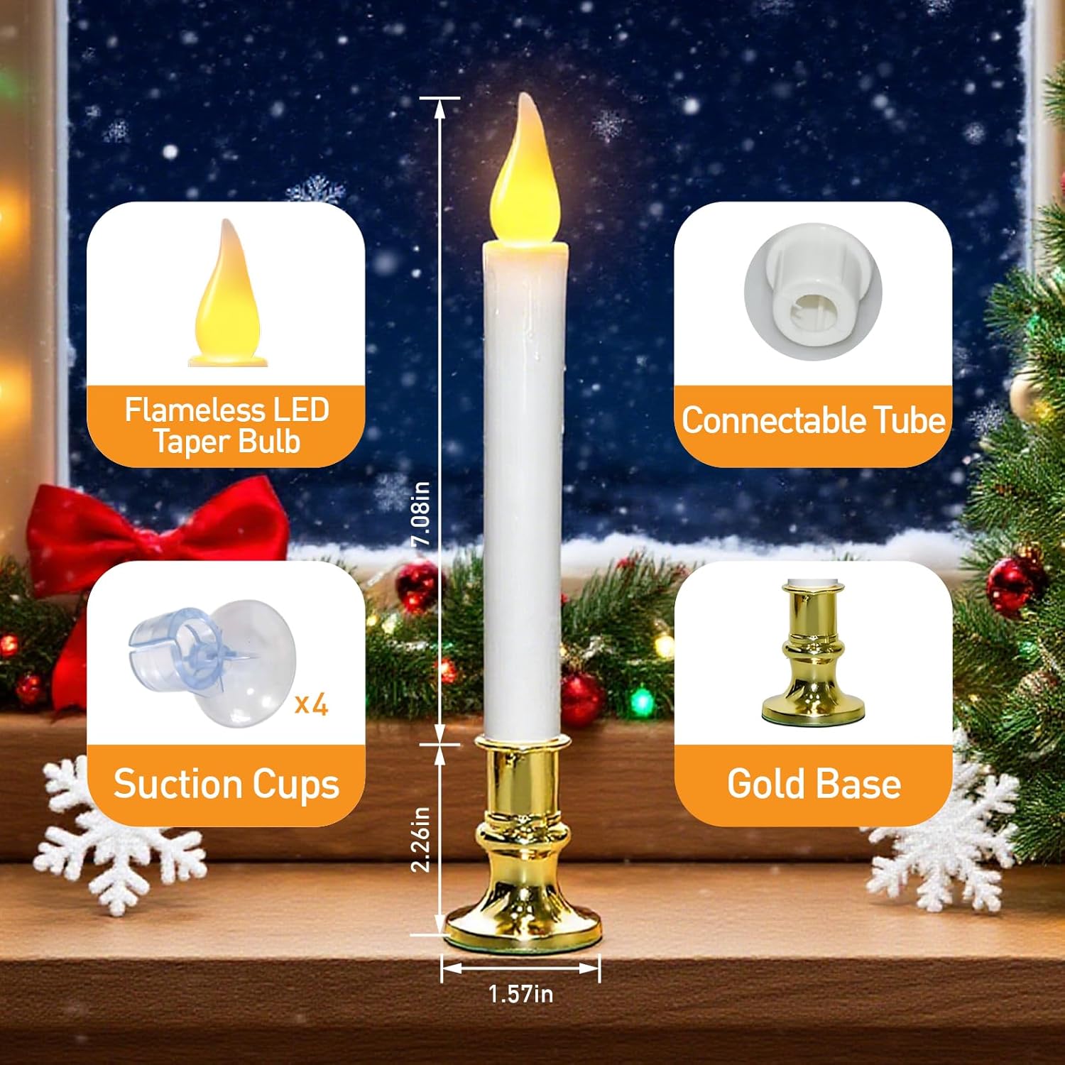 4Pack Christmas Window Candles Battery Operated with Timer, 6H/18H Auto On/Off, LED Flameless Candles with Realistic Flickering Flame and Suction Cups for Holiday Home Decor