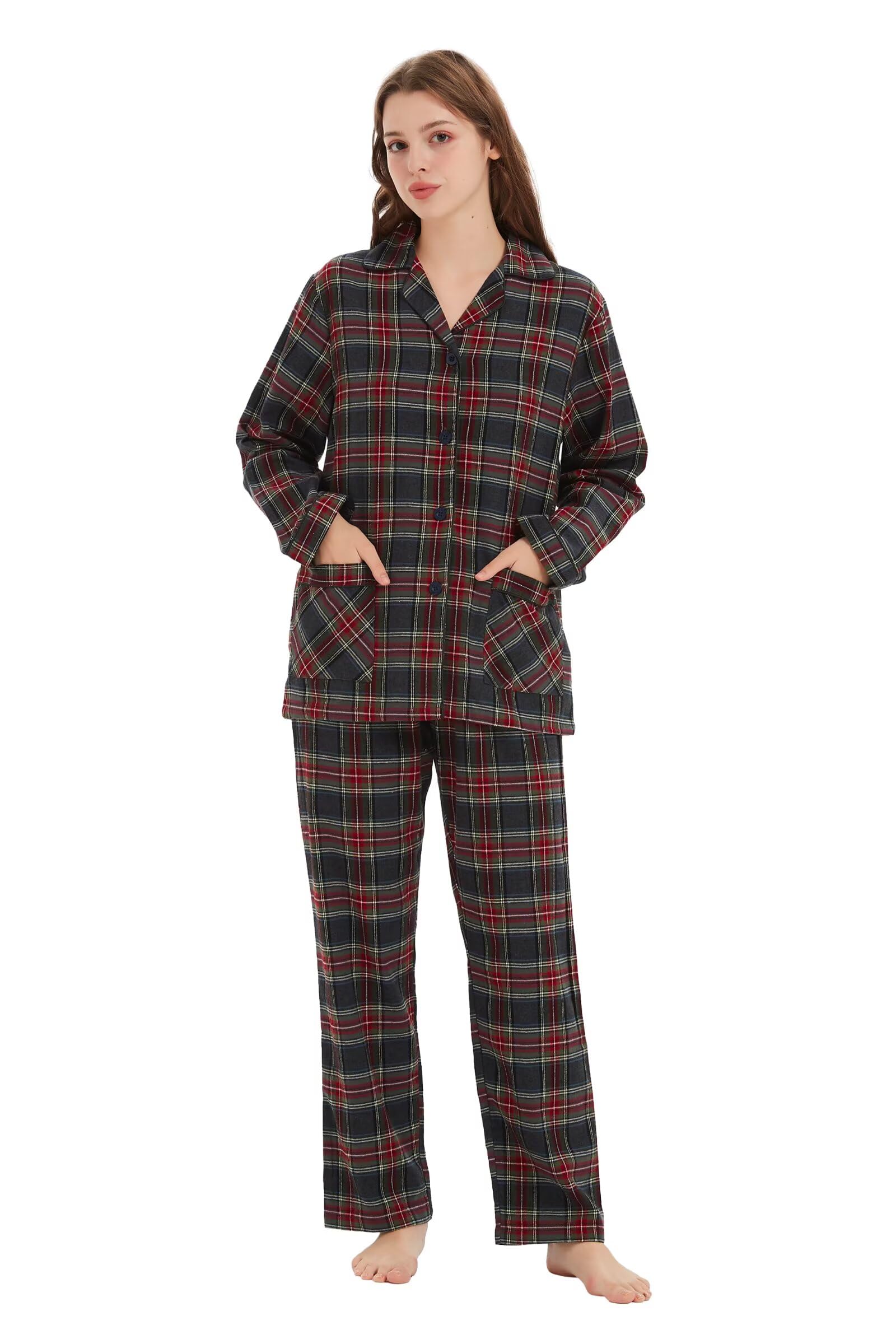 Kolipajam Women's Plaid Grey 100% Cotton Flannel Pyjama Set Yarn Dyed Cozy Long Sleeve Winter Pjs For