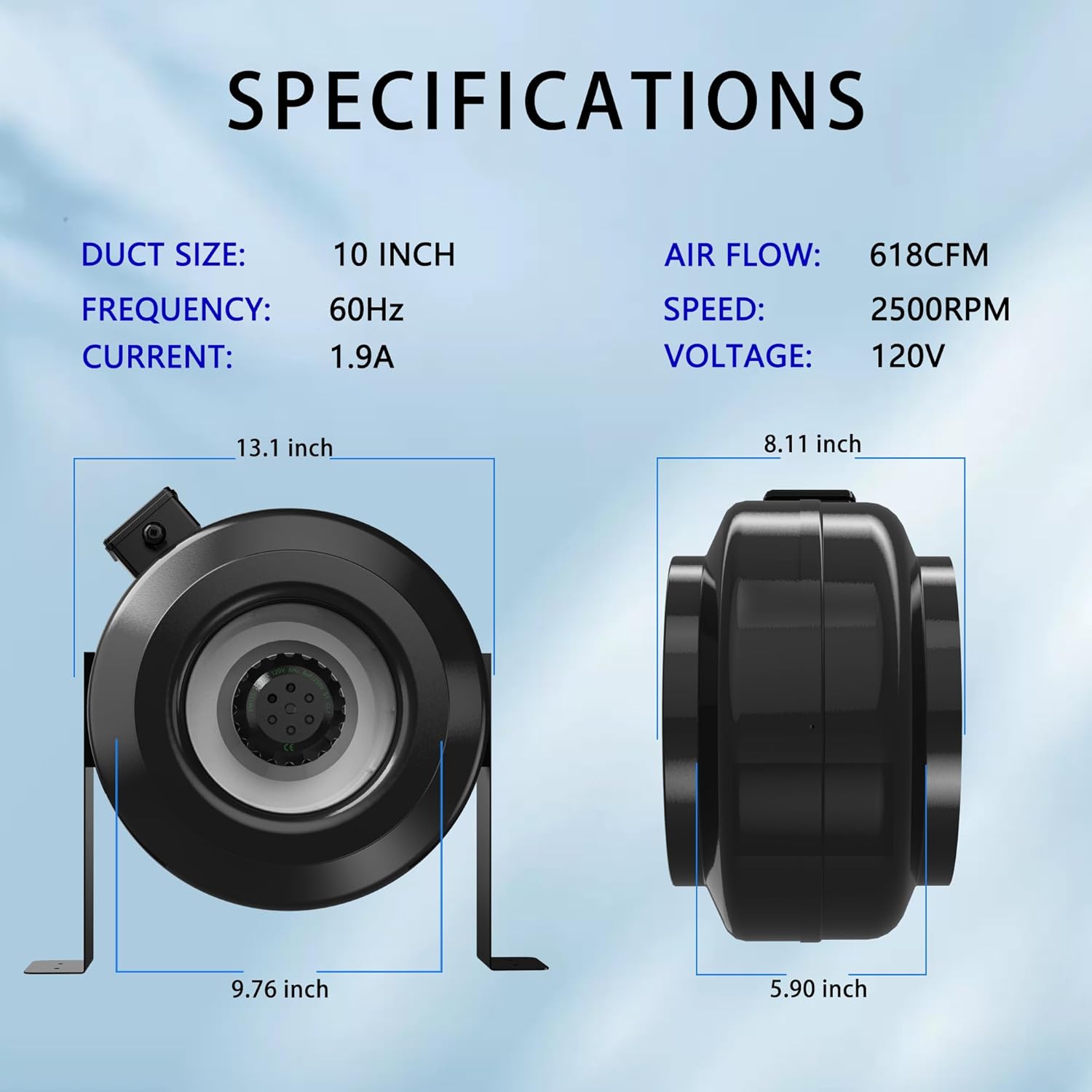 10 Inch Inline Duct Ventilation Fan, 618 CFM Inline Fan Exhaust Fan for Grow Tent Indoor Garden Ventilation, ETL Listed, NSK/SKF bearings