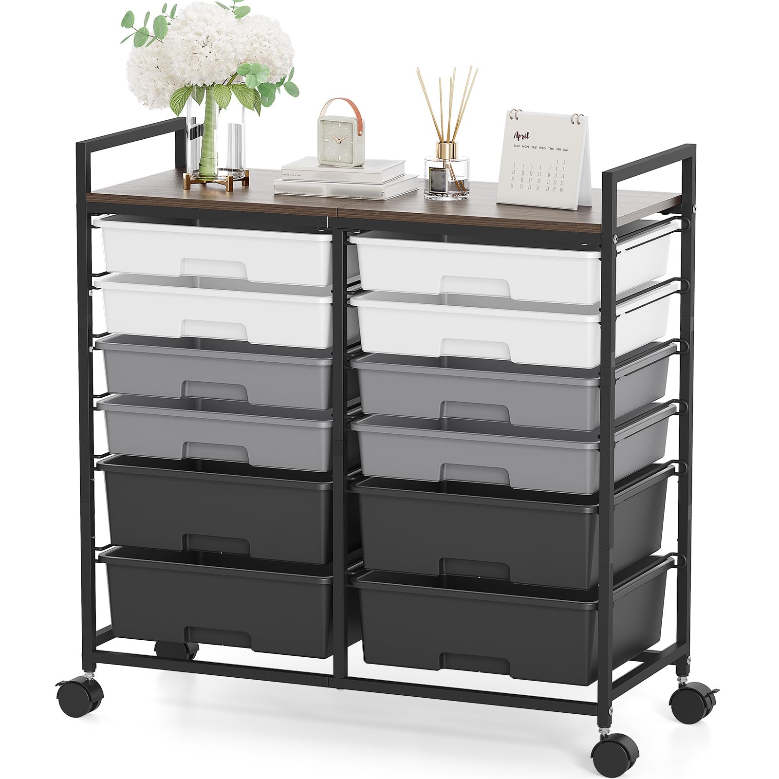 KINGRACK Rollcontainer mit 12 Schubladen und Holzarbeitsplatte, Schubladenschrank für Badezimmer, Küchen, Wohnzimmer und Büros (Grau)