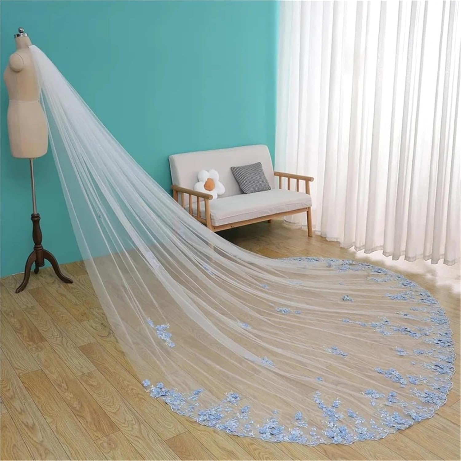 Stunning Blue 3D Floral Bridal Veil with Comb - Cathedral Length Luxury Wedding Accessory for Brides Girls