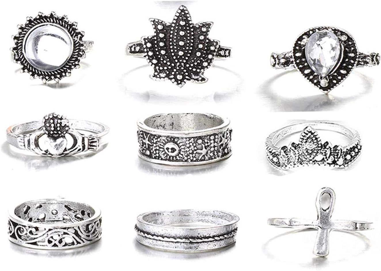 FIBO STEEL 9 Pcs Vintage Knuckle Rings for Women Stackable Midi Finger Ring Set