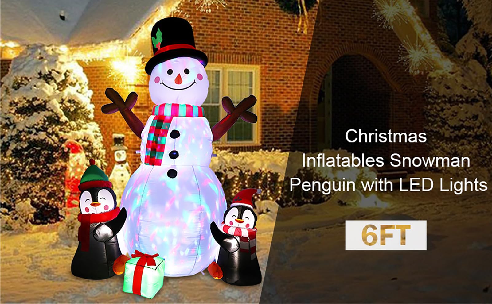 Decoraciones Inflables Navideñas De Pingüino Muñeco De Nieve De 6 Pies con Luces LED Giratorias, Adornos Inflables Modelo Navideños, para Decoración Navideña En Interiores Y Exteriores