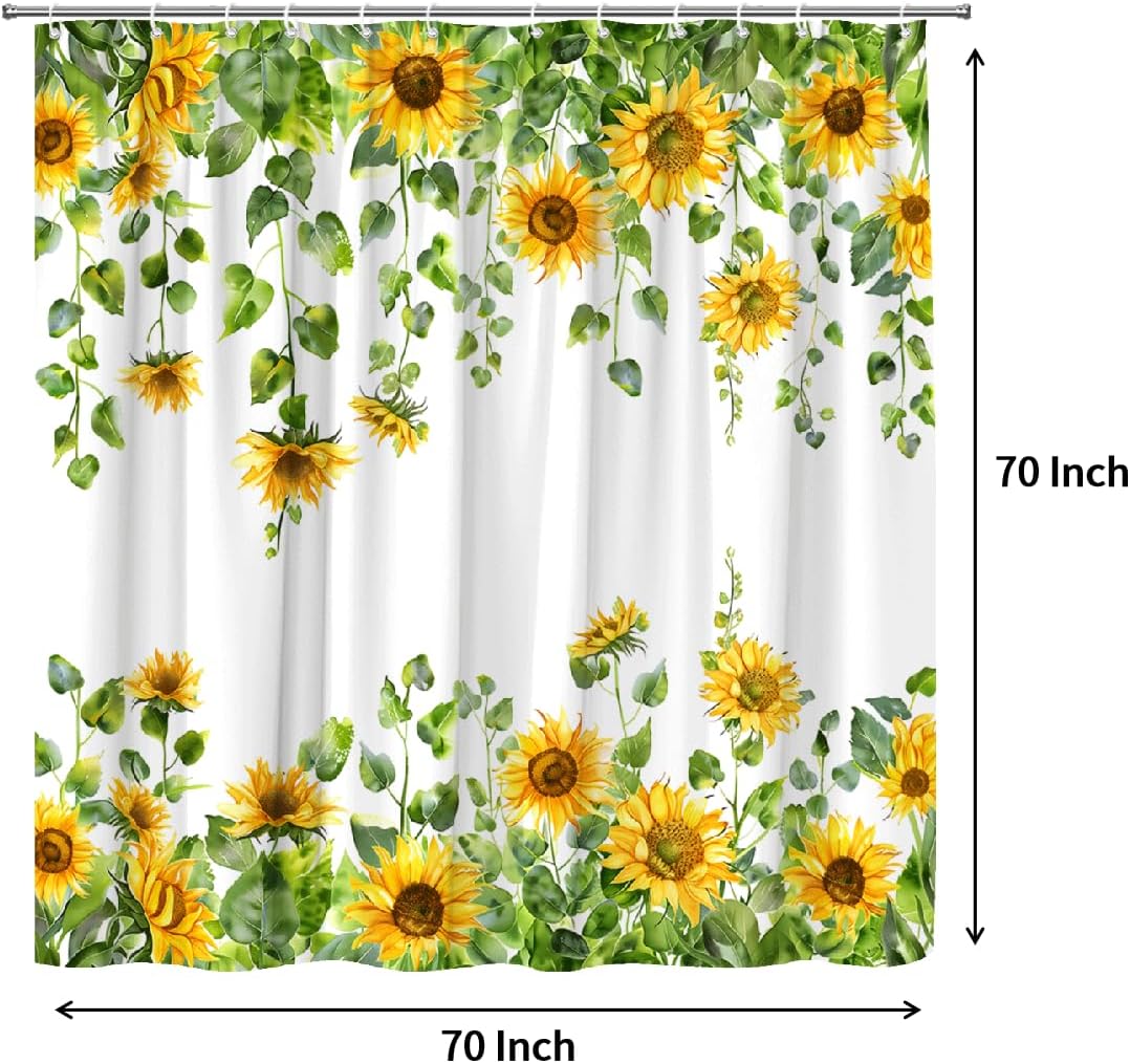 Sunflower Leaves Shower Curtain Watercolor Plants Yellow Floral Lvy Lush Botanical Nature Garden Fabric Bathroom Decor Set with Hooks(70" Wx70 H)