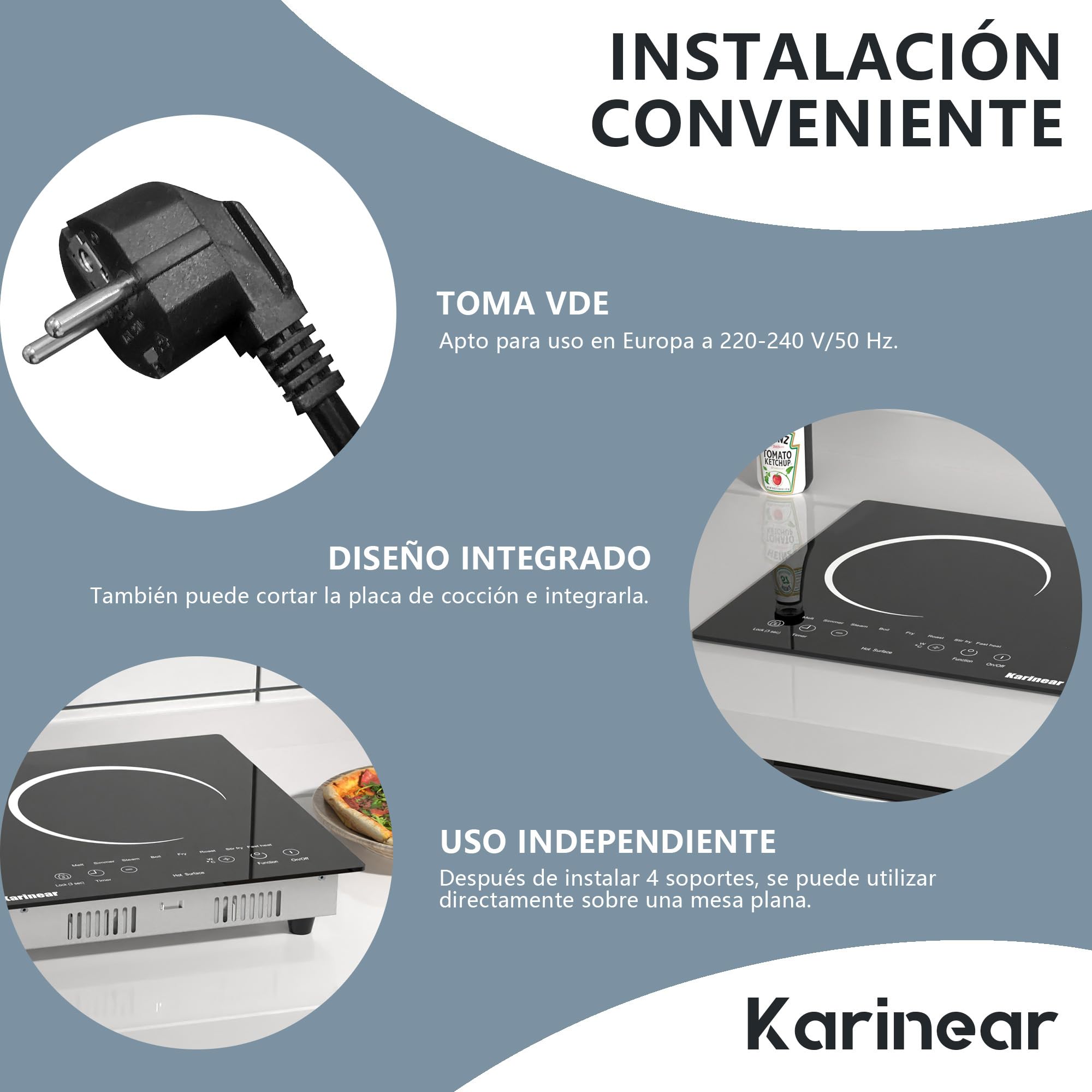 Karinear Placa Vitrocerámica 2 Fuegos Portátil, 8 Funciones de Cocción Rápida, Control Táctil, Bloqueo de Seguridad Para niños, Temporizador, Vitrocerámica 2 Zonas con Enchufe, 220-240 V, 3600 W