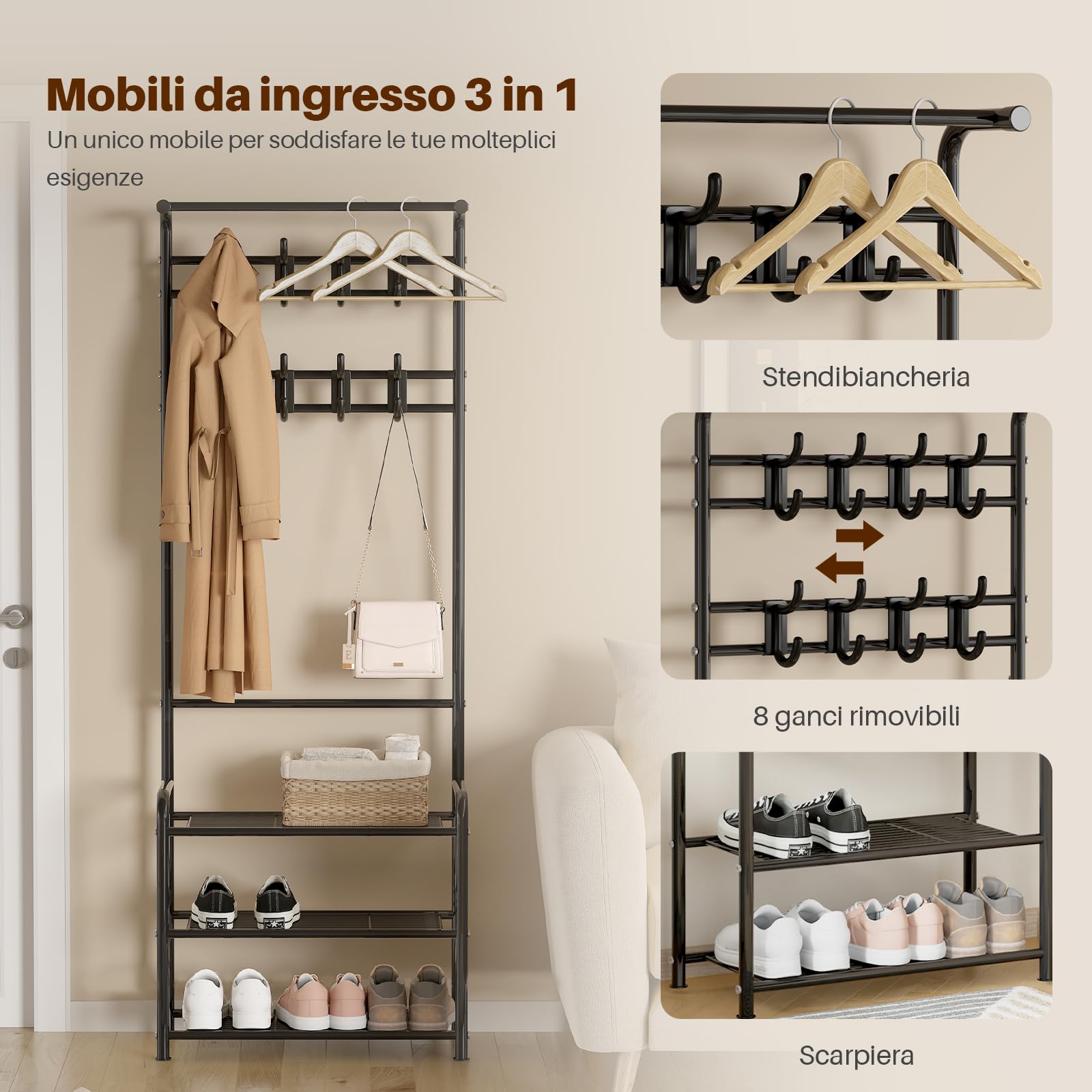 Innotic Appendiabiti con Scarpiera, Stabile Appendiabiti Ingresso 3 in 1, 16 Ganci Rimovibile, Mobile da Ingresso Moderno,Stand Appendiabiti da terra Salvaspazio, Attaccapanni per Camera letto, Nero