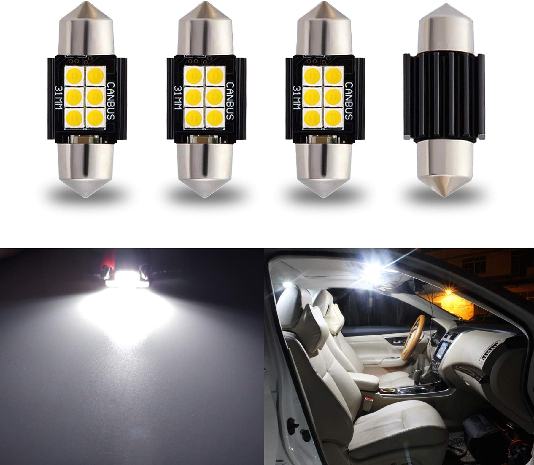 9-30V Extremely Bright DE3175 DE3021 Festoon LED Bulbs Error Free 1.25" 31mm for Interior Map Dome Lights and License Plate Courtesy Lights, Xenon White