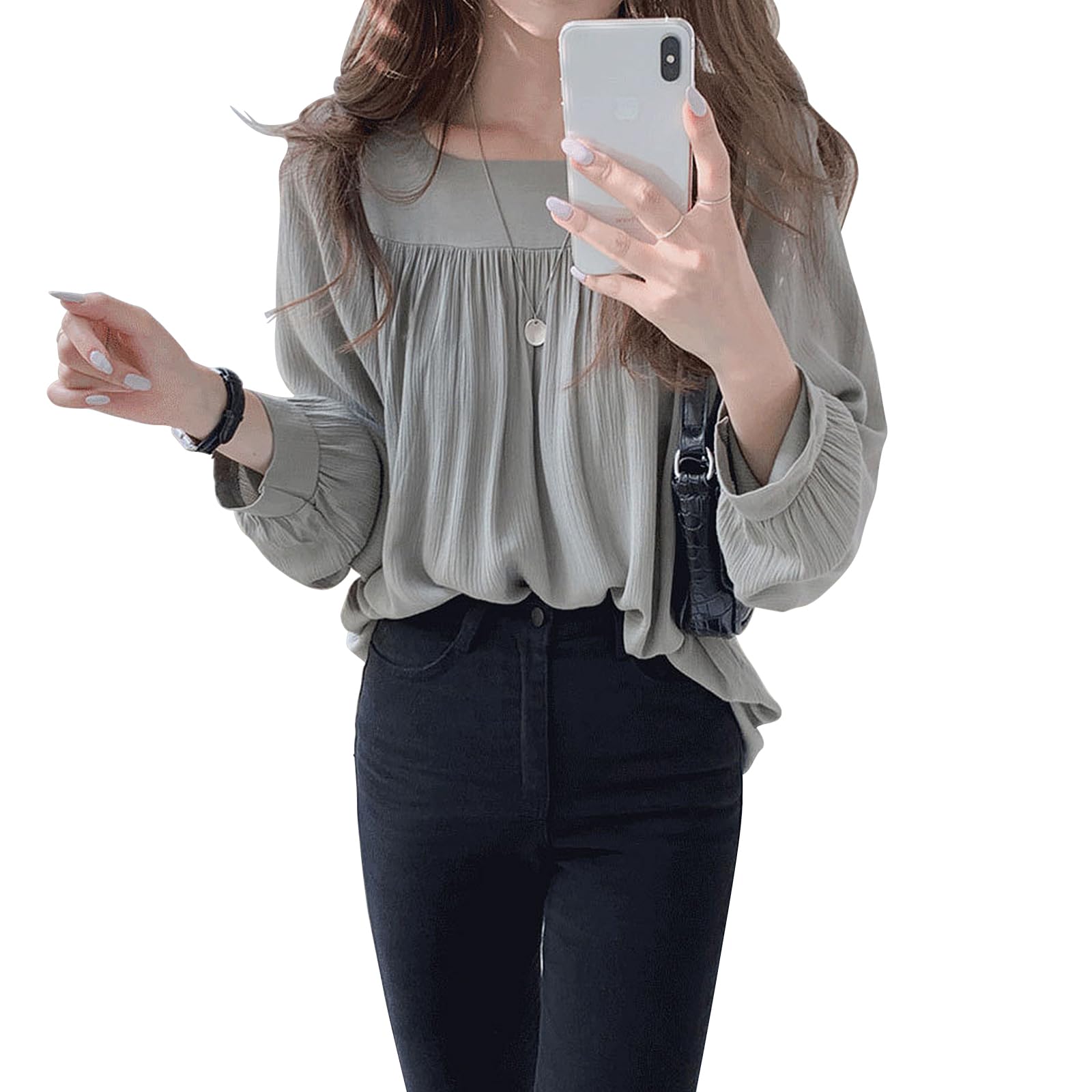 [ADKASS] シフォンブラウス レディース シャツ トップス スクエアネック パフスリーブ 切り替え 体型カバー 着痩せ おしゃれ カジュアル ゆったり シンプル 可愛い 大人 無地 長袖 韓国ファッション 通勤 春 秋