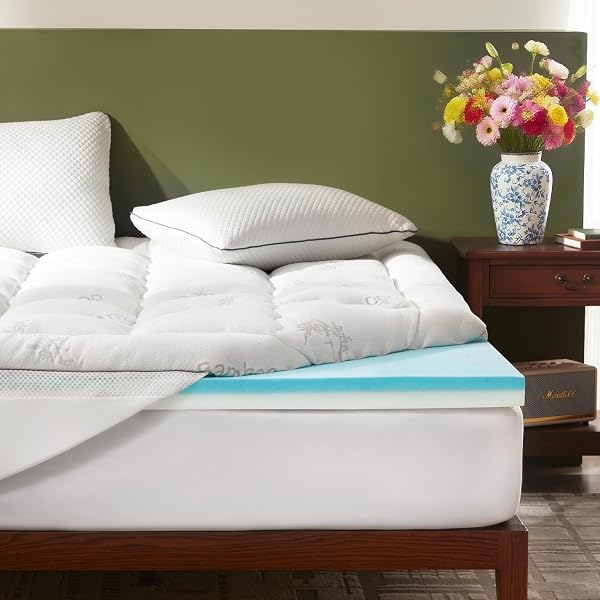 BEDLORE 4 Inch Memory Foam Mattress Topper Queen,2-in-1 Dual Layer Design (2" Gel Memory Foam + 2" Plush Pillow Top Cover) Mattress Topper Medium-Firm,Pressure Relief & Back Pain Support(White)