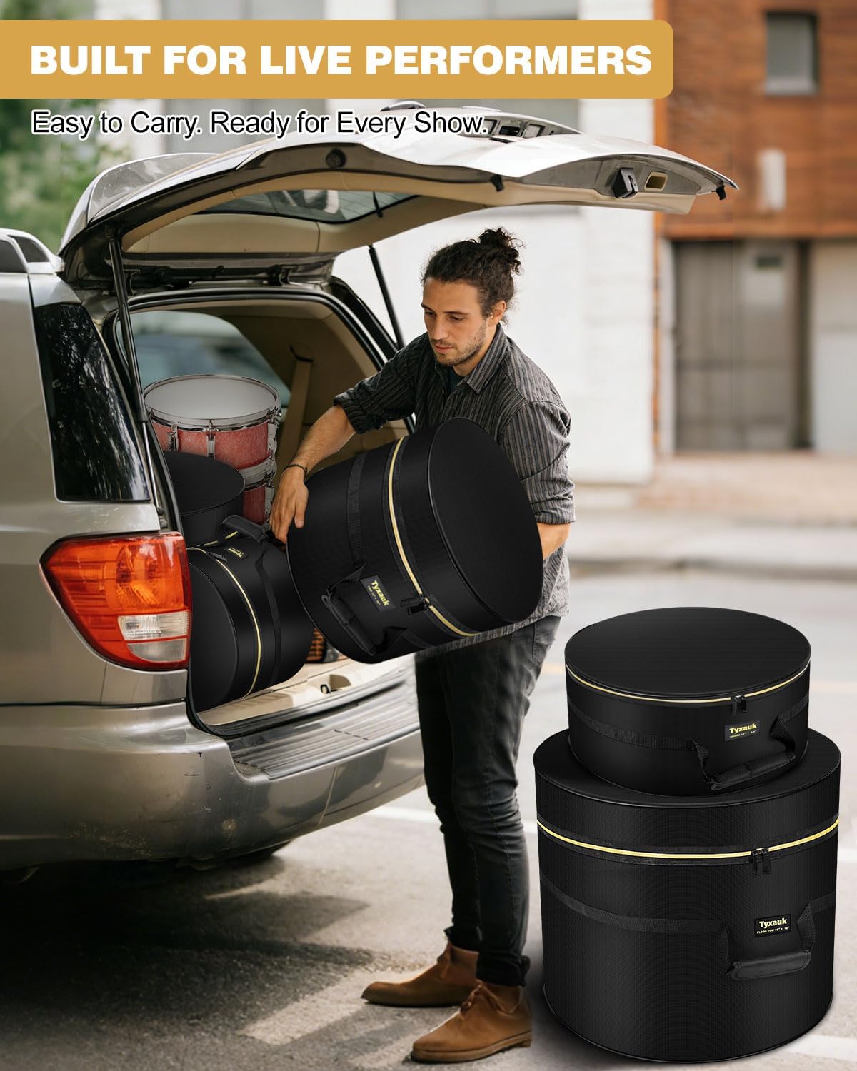 5-Piece Drum Case Set - Padded Drum Bags for 22" Kick, 12"/13"/16" Toms & 14" Snare Lightweight drum carrying cases for drummers, ideal for gig transport & long-term storage, protects standard kit