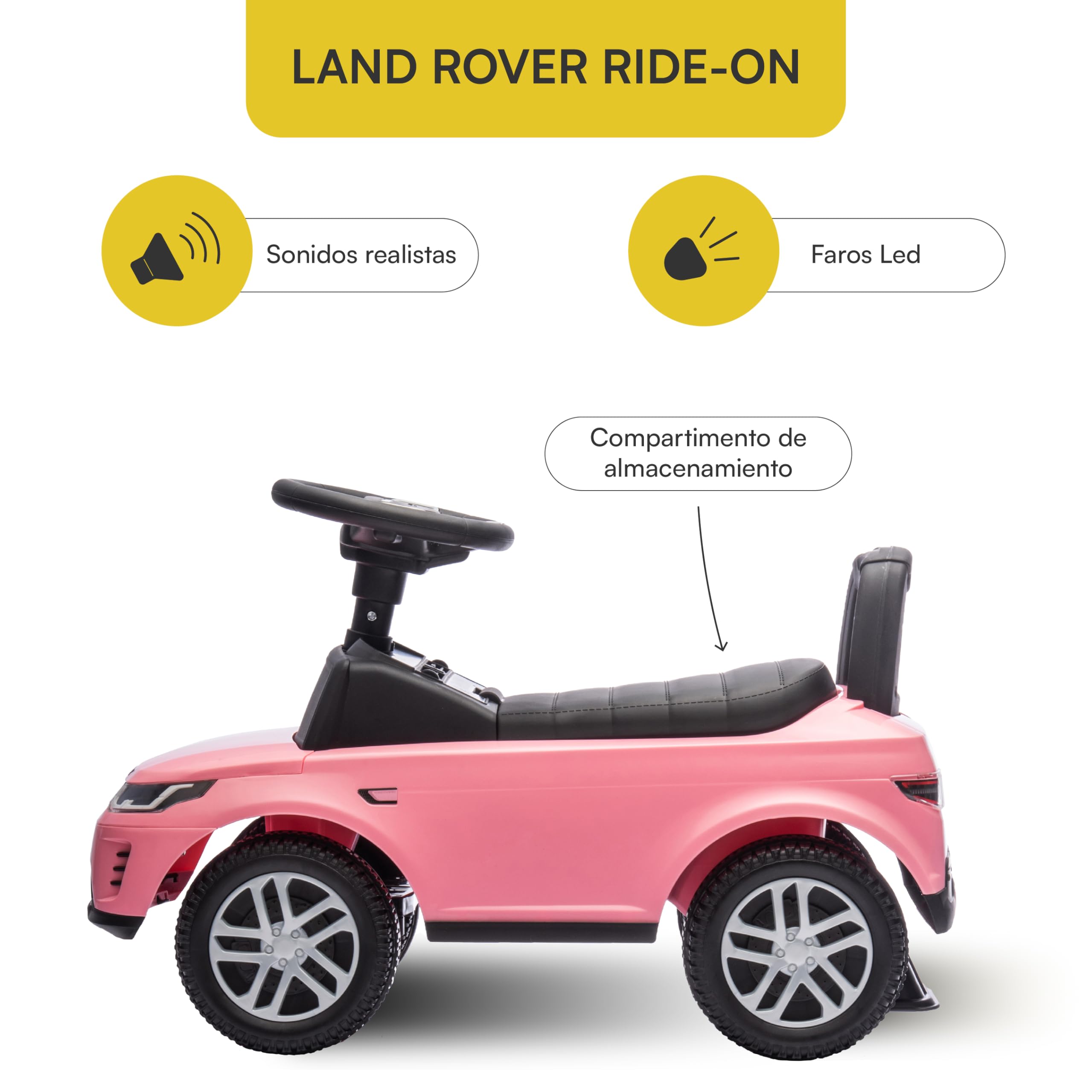 Baroni Toys Land Rover Ride-On, coche para niños de 1 a 4 años, faros LED, sonidos realistas, ruedas antideslizantes, compartimento de almacenamiento, antirvuelco, 65,5 x 28 x 39 cm (rosa)