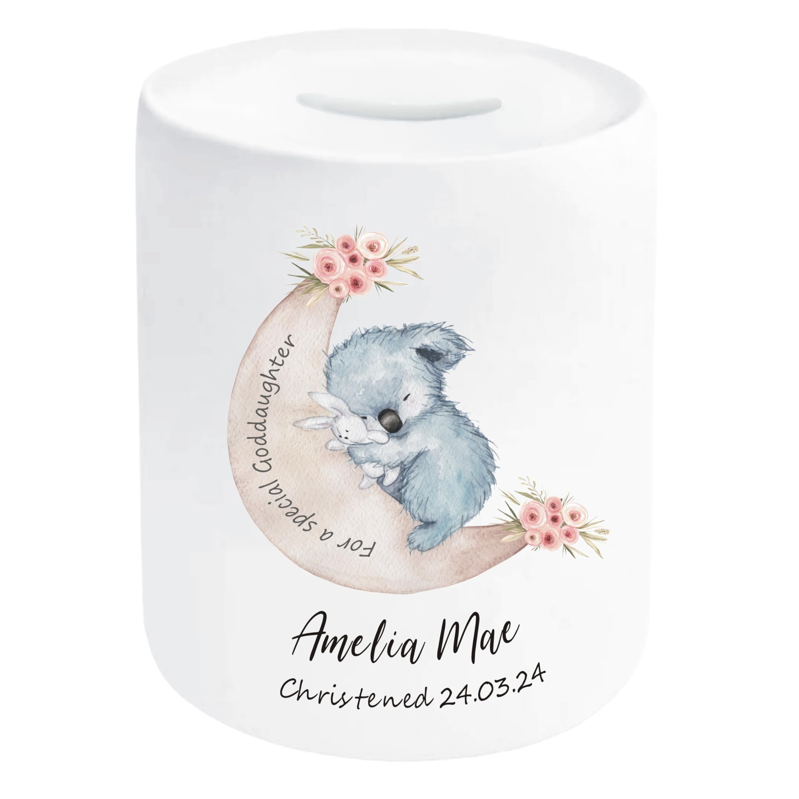Personalised New Baby Goddaughter Koala Moon Ceramic Money Box Keepsake – Christening Gift For New Baby Girl