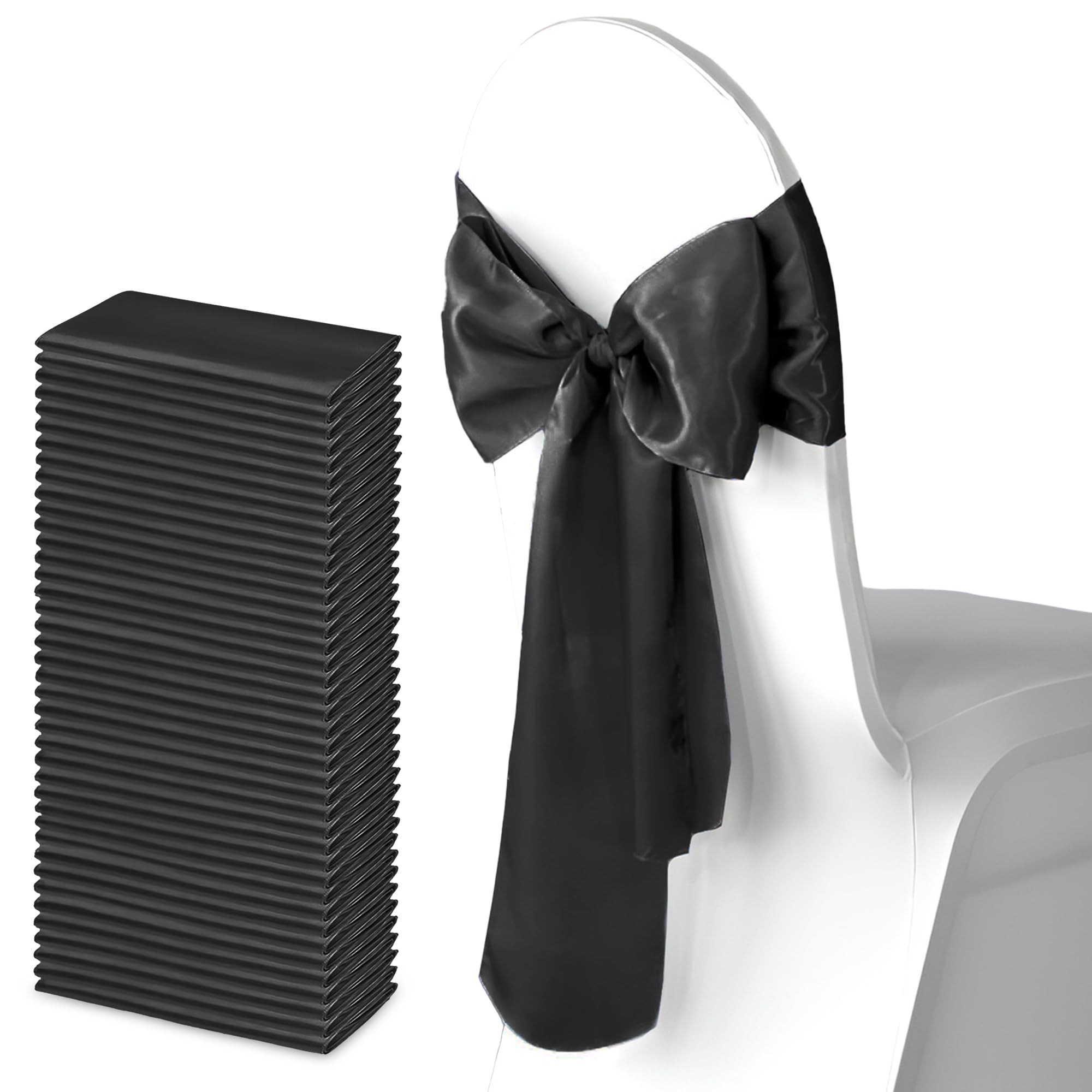 Trimming Shop Black Satin Chair Sash Wider Fuller Bows Chair Sashes Hammed Edges Bow Back Tie for Wedding Birthday Party Banquet Event Decoration, 50pcs โ image 1