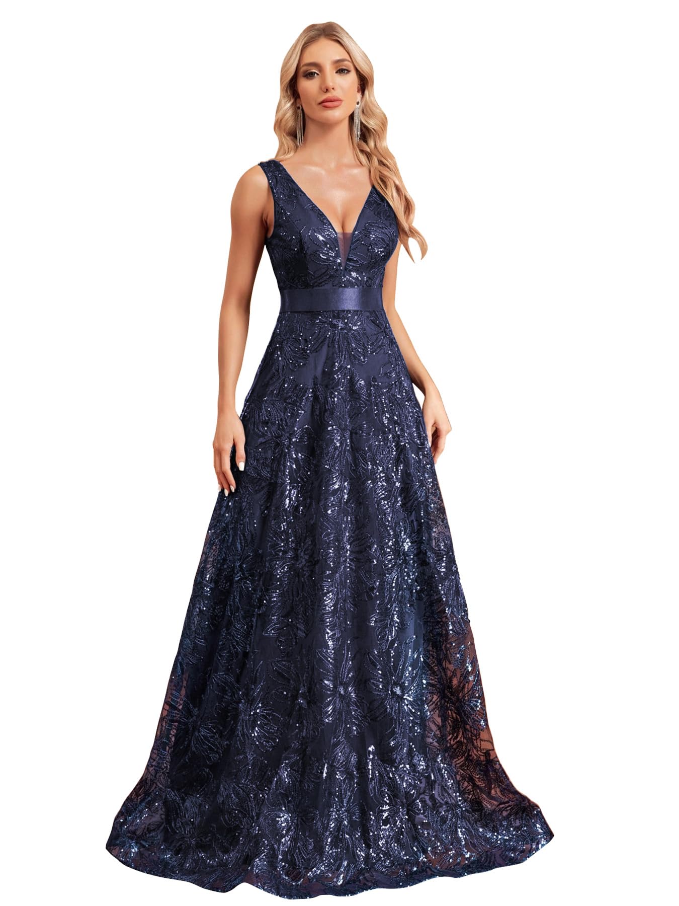 Photo 1 of Sleeveless Glitter Sequined Womens Long Formal Gown Aline Prom Dress for Anchorwoman Floor Length Evening Dress Navy Blue XXL