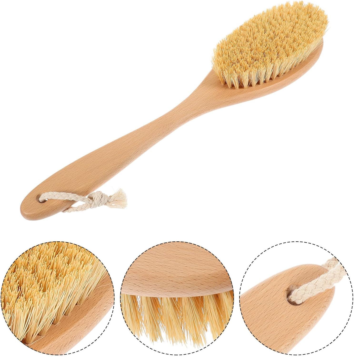 Sisal Bristle Back Scrubber with Beech Wood Handle, Body Bath Brush for Shower and Exfoliating, Portable Hard Bristle Bathing Brush for Deep Back Cleaning