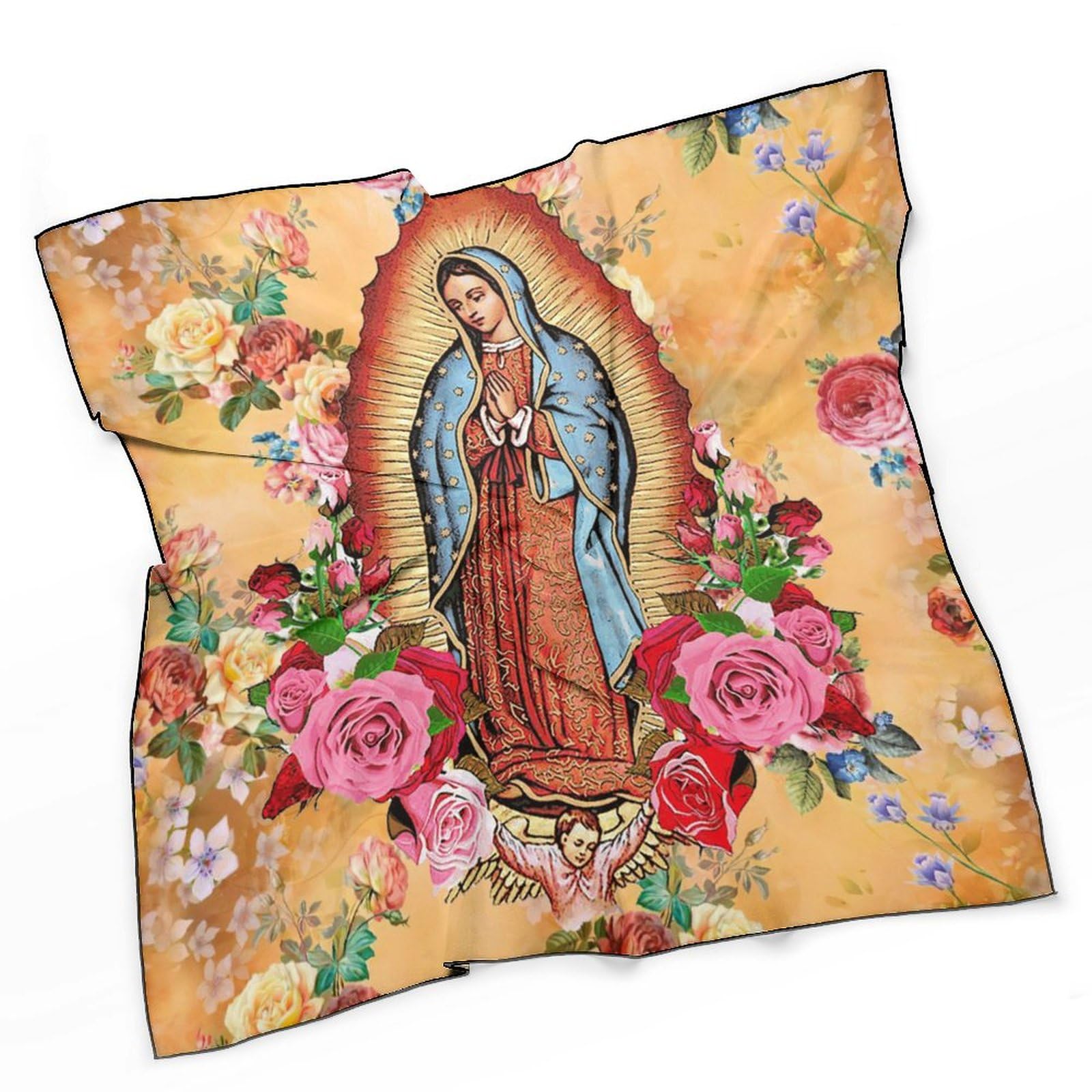 Our Lady of Guadalupe Hair Bandana Virgin Mary Silk Scarf Kerchief Square Scarf Wrap Neck Scarf for Women, A4, 18"x18"