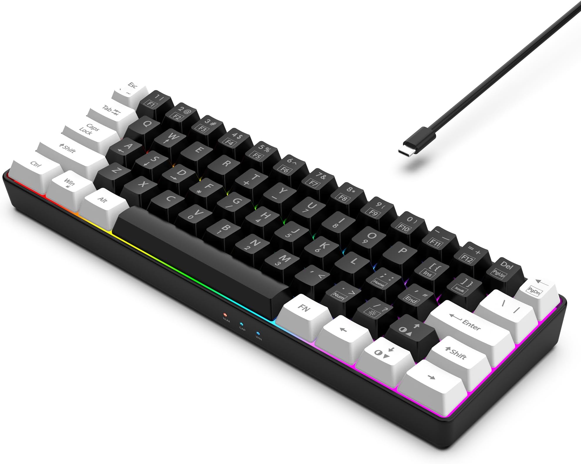 60% Wired Gaming Keyboard, RGB Backlit Mini Keyboard, Waterproof Small Ultra-Compact 61 Keys Keyboard for PC/Mac Gamer, Typist, Travel, Easy to Carry on Business Trip (Black-White)