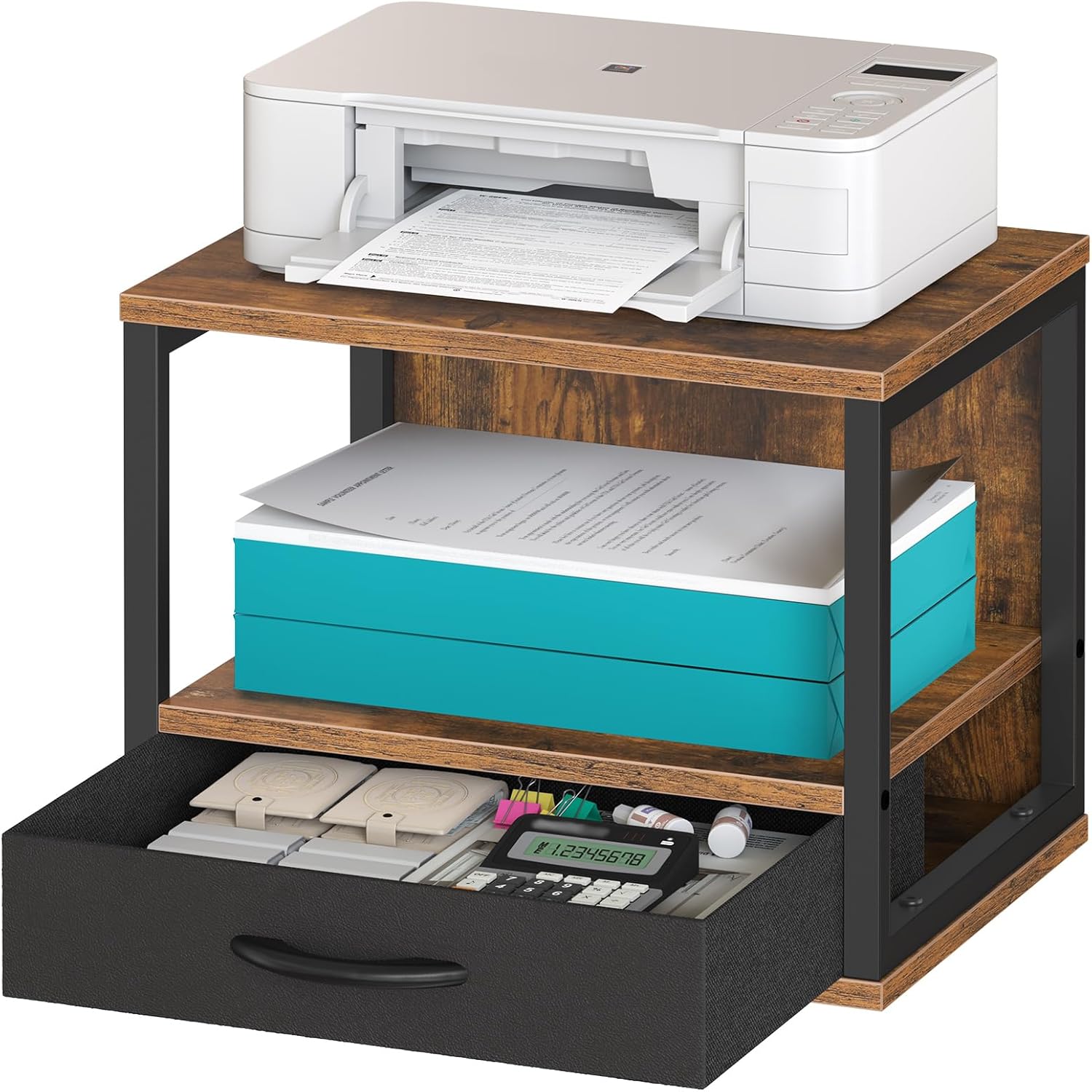HOOBRO 2-Tier Desktop Printer Stand with Drawer, Under-Desk Printer Table with Storage Shelf, for Home Office, Kitchen, Fax Machine, Scanner, Rustic Brown BF07PS01