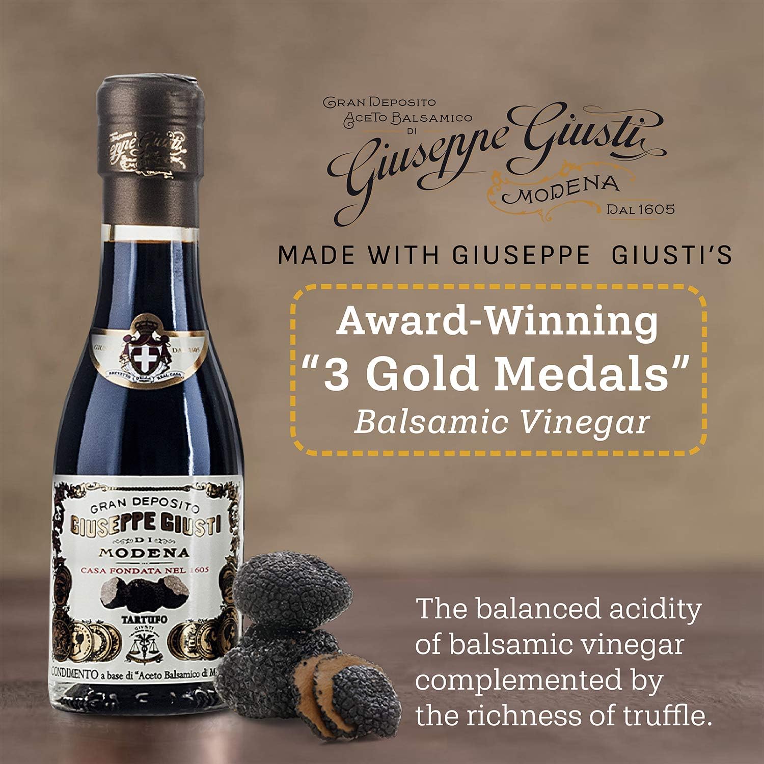 Giusti Truffle Balsamic Vinegar-Based Condiment from Modena Italy – Made With Premium Italian Aceto Balsamico with Natural Truffle Infusion for Marinades & Drizzling – 3.38 fl oz (100 ml) - Pack of 1