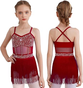 Junior Girls Latin Jazz Dance Dress Sparkly Ballroom Skirted Leotard Dancewear Tango Rumba Tassel Costume