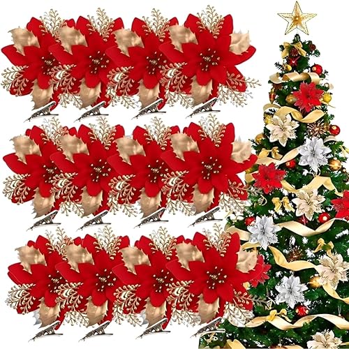 12 Pcs 5.9" Christmas Poinsettia Artificial Flowers Decorations with 12 Pcs Clips Glitter Christmas Flower Picks Decor for Wreath Xmas Tree New Year Party Ornament Wedding Red Golden
