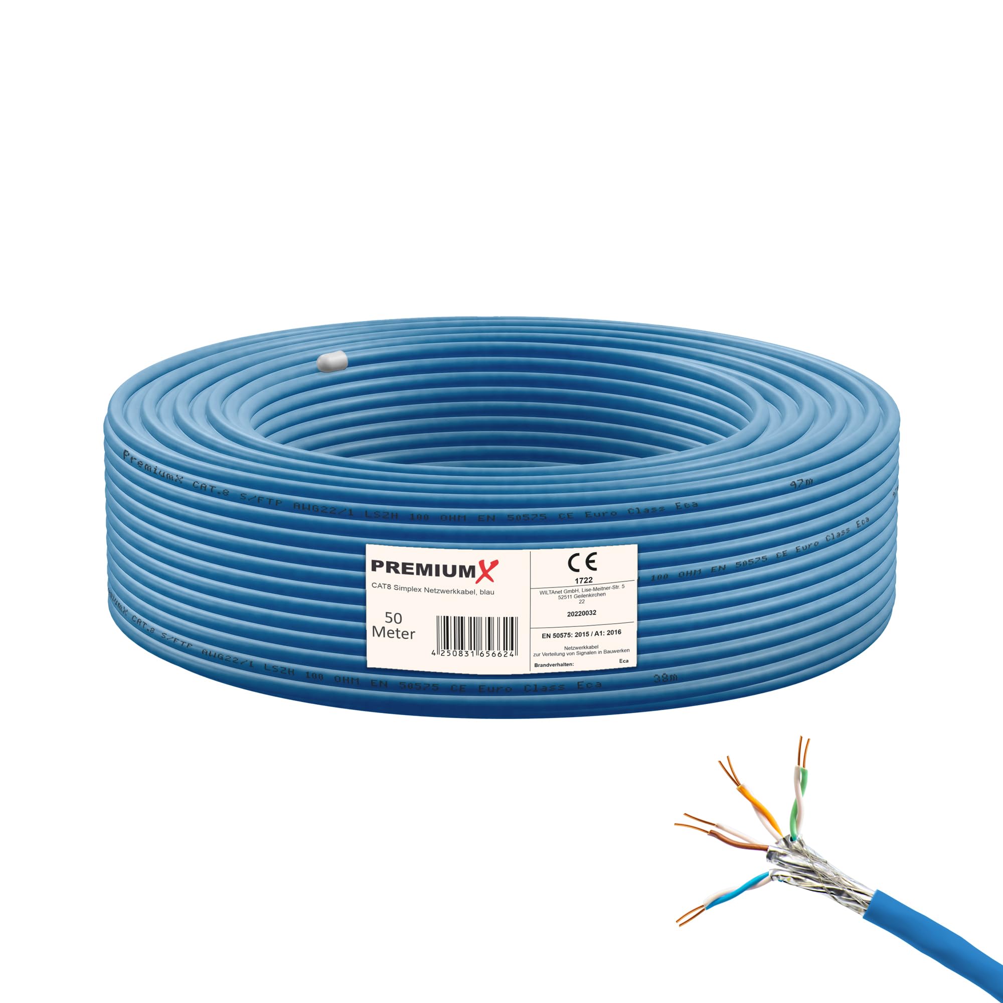 Premium X Câble réseau LAN CAT 8 de 50 m - Câble d'installation Ethernet Cat8 - 40 Gbit/s - AWG 23 - En cuivre pur S/FTP PiMF PoE - Classe Eca - Câble de données Simplex - Bleu