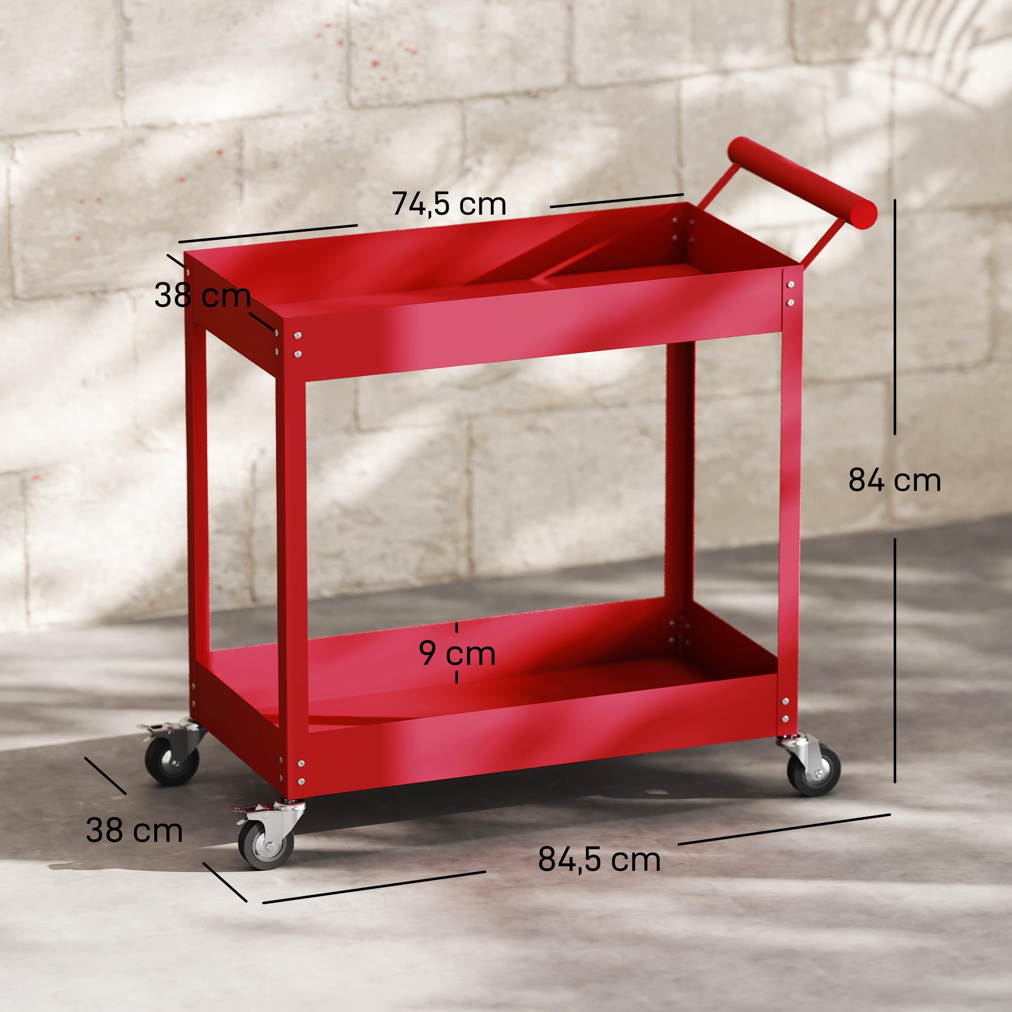 DURHAND Chariot d'atelier servante Atelier Chariot à Outils à 2 Niveaux, poignée latérale et roulettes verrouillables, pour Garage, entrepôt, Outils de Bricolage, Charge 150 Kg, 84,5x38x84cm, Rouge