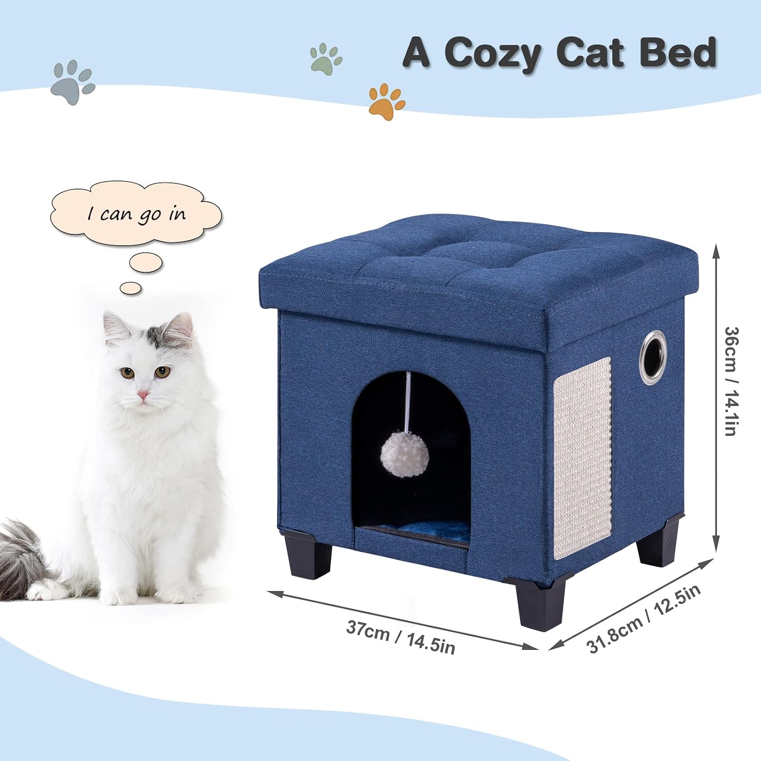 BRIAN & DANY Cat Beds for Indoor Cats,Cat Cave House for Kitten with Scratch Board & Ball, 14.7" x 14.1” x 12.7”, Blue