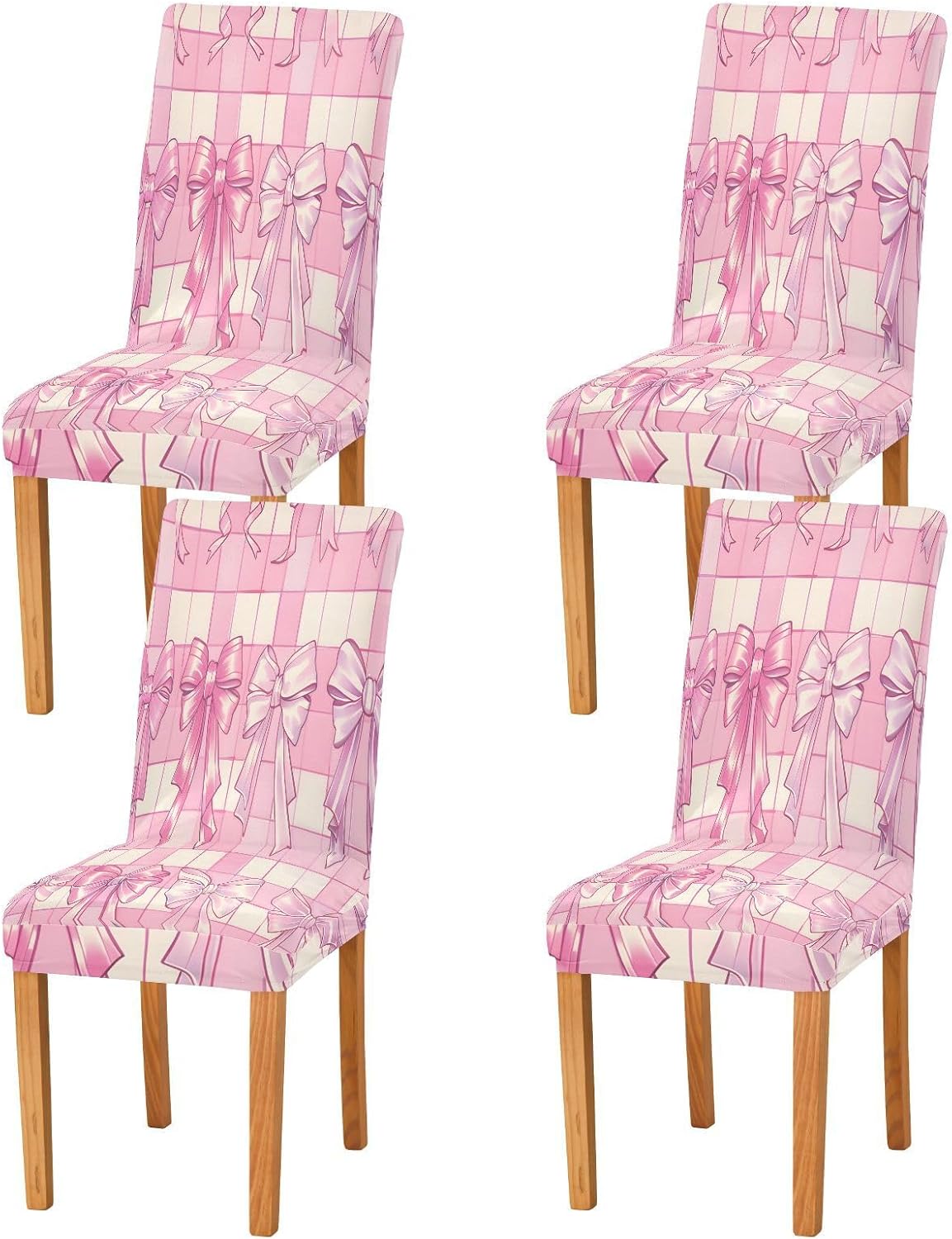 ALAZA Chair Covers for Dining Room, Bow Plaid Pink Stretch Chair Cover Sets Chair Protector Removable Washable for Ktichen Restaurant Hotel