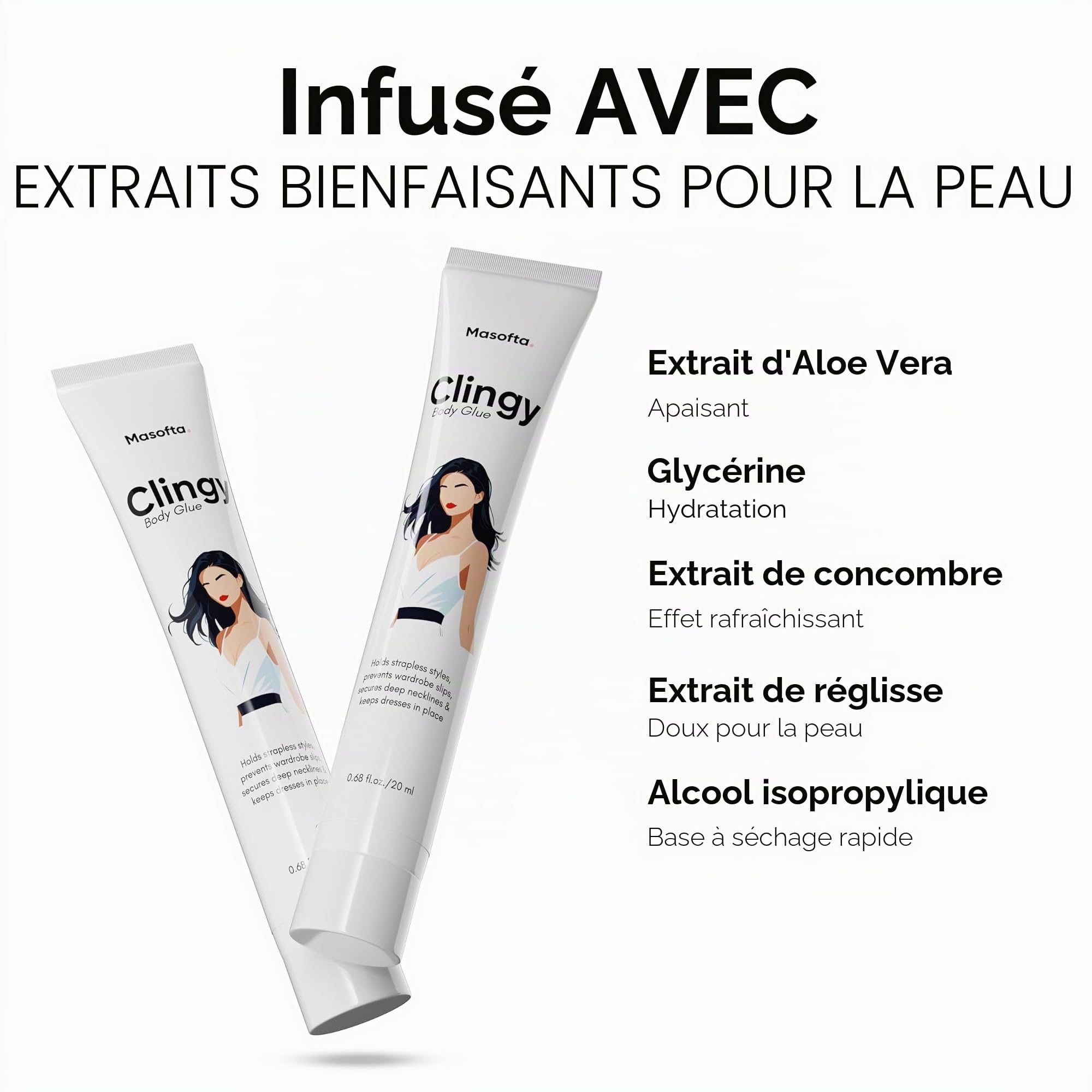 Masotta Clingy Colle pour le corps : adhésif résistant à la transpiration et sans danger pour la peau, idéal pour la mode et le coiffage. Fixateur pour vêtements et vêtements sans bretelles, roll-on