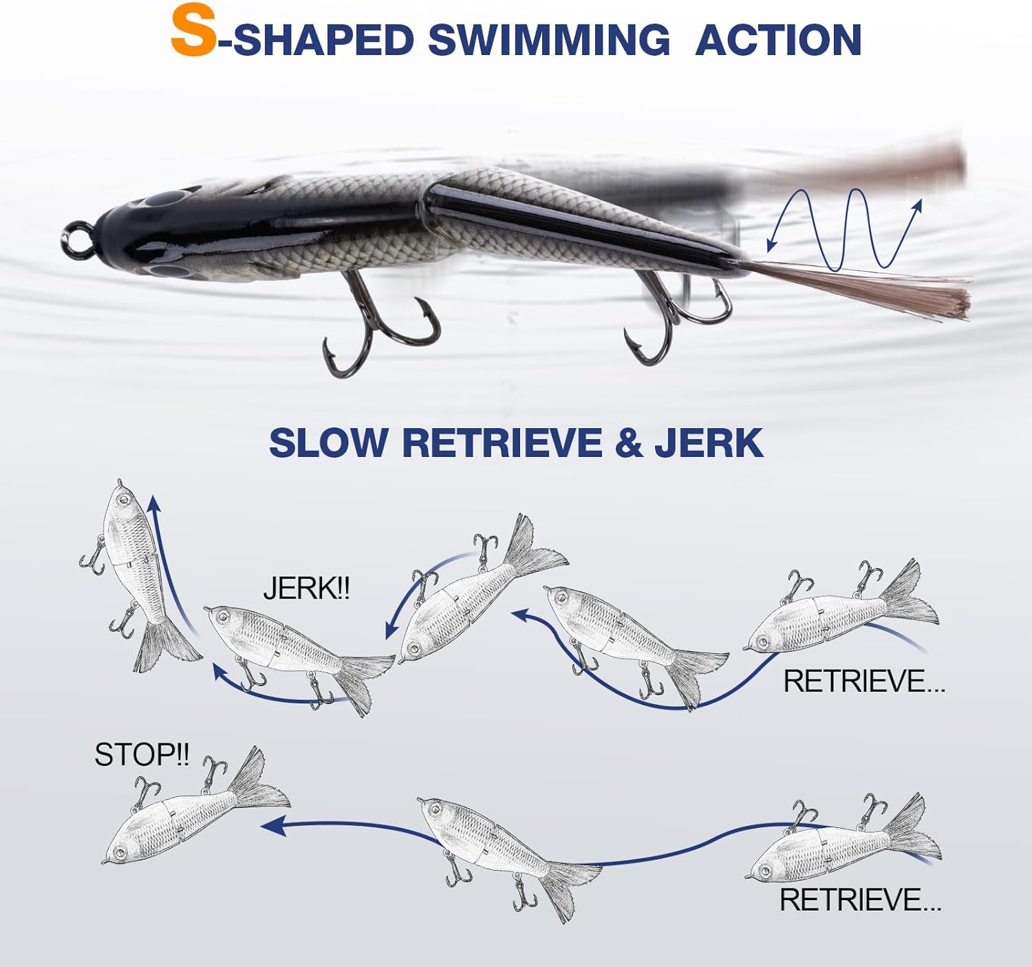 Goture Glide Baits,Jointed Swimbait with Brush Tail,Bass Pike Salmon Trout Muskie Fishing Lure,Slow Sinking Fishing Bait Trout Lures Brushtail with Treble Hooks,Built-in Steel Balls,Gifts for Men