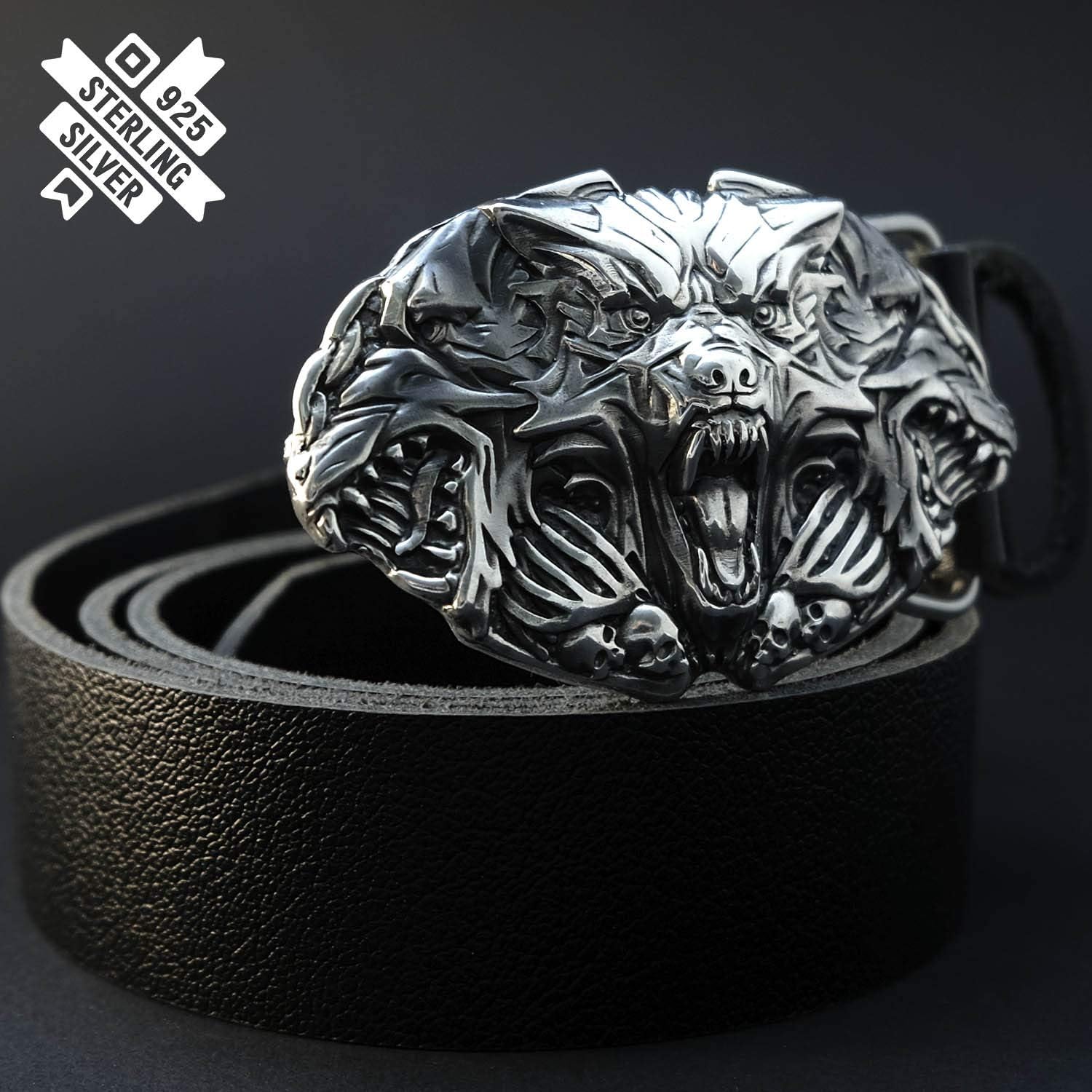 Belt buckle Cerberus, Mythological animal Underworld Three headed dog solid 925 sterling silver belt buckle