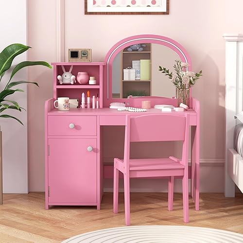 Miniatura 61 de INFANS Vanity - Juego de escritorio y silla de maquillaje de princesa 2 en 1 con espejo desmontable de tres pliegues, estantes de almacenamiento