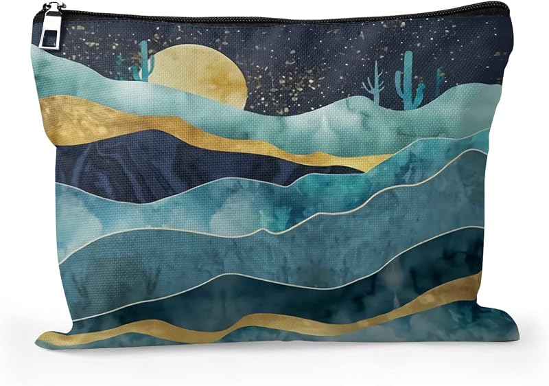 Necessaire de viagem Cafl Mountain Cactus Moon em linho com zíper, 25,4 x 20,32 cm