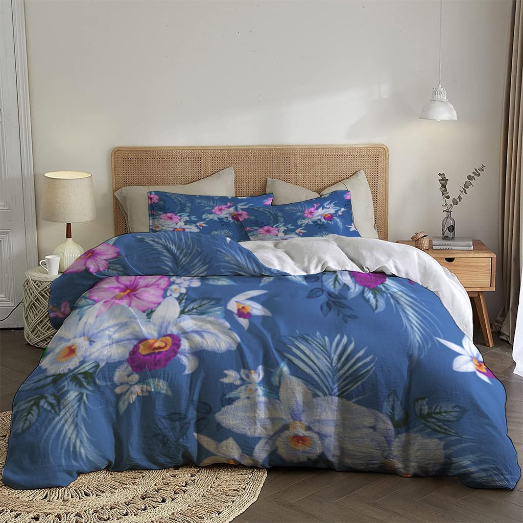 NIBAINLO 布団カバー白い蘭とヤシの葉をあしらったネイビーの夏のトロピカルテーマ 肌に優しい ピーチスキン加工 掛け布団カバー 和式 洋式 あったか 布団カバーセット リバーシブル ホームステイ ホテル 家庭兼用